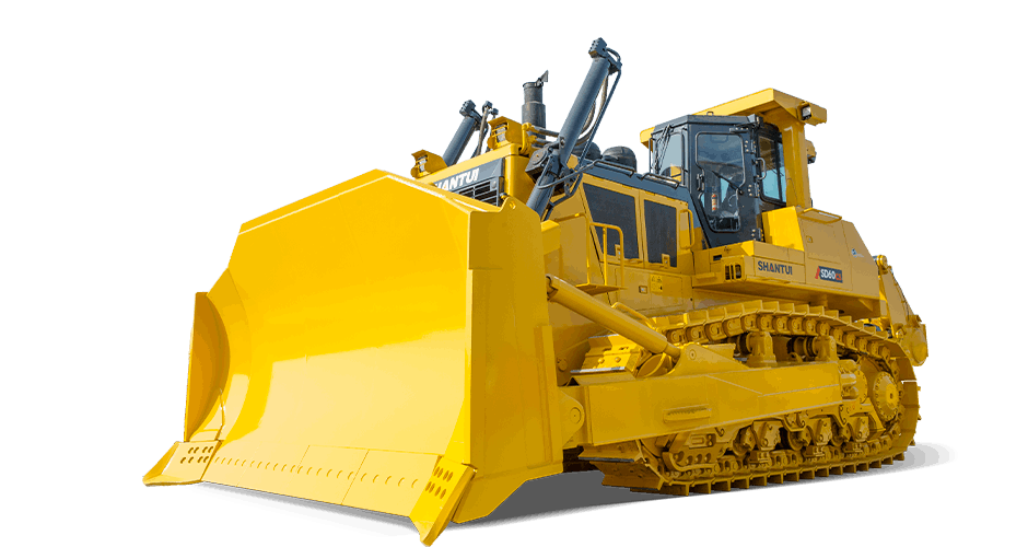 A bulldozer, yellow, grading soil on a construction site 