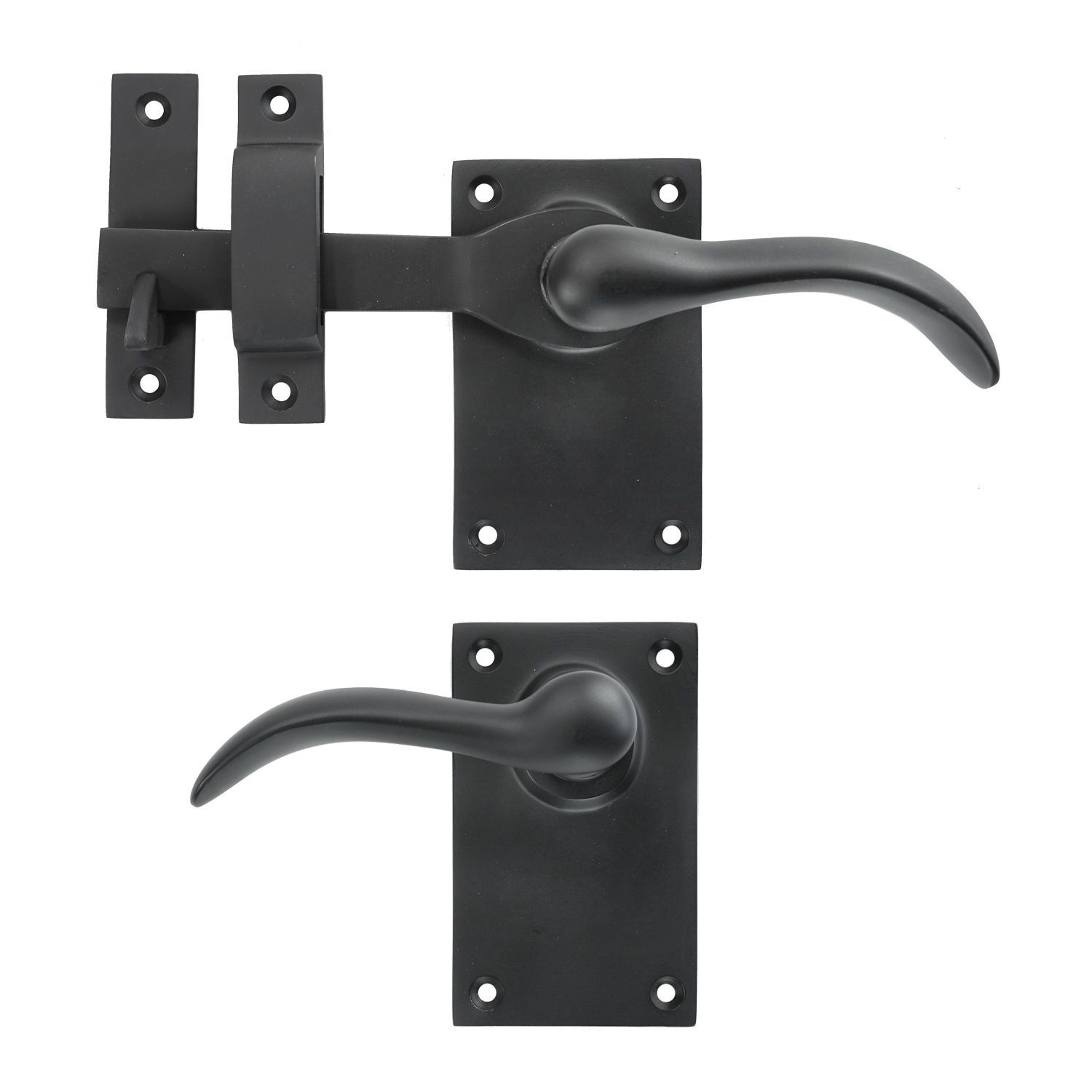 A black door handle with a latch on a white background.