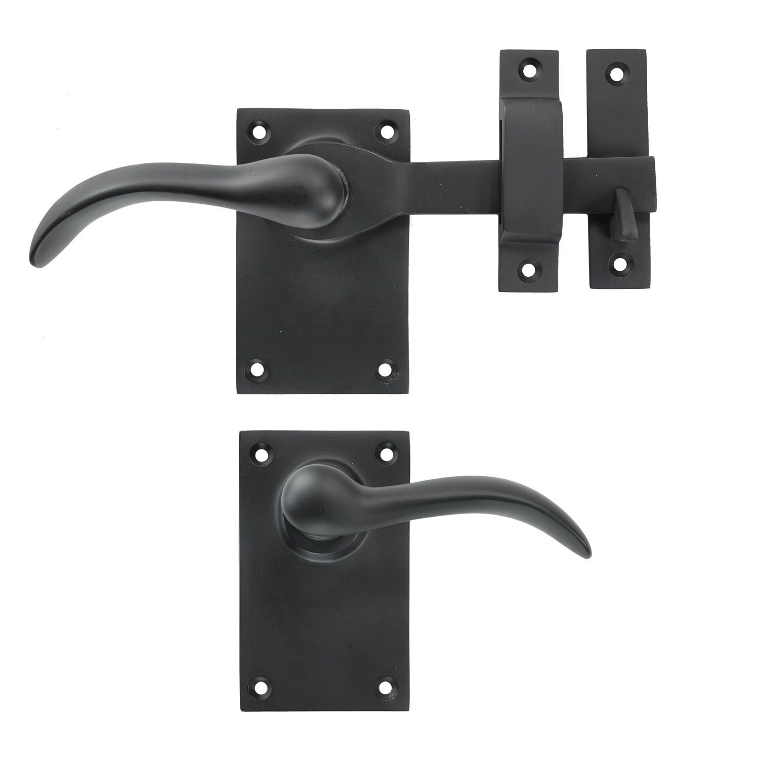 A black door handle with a latch on a white background.