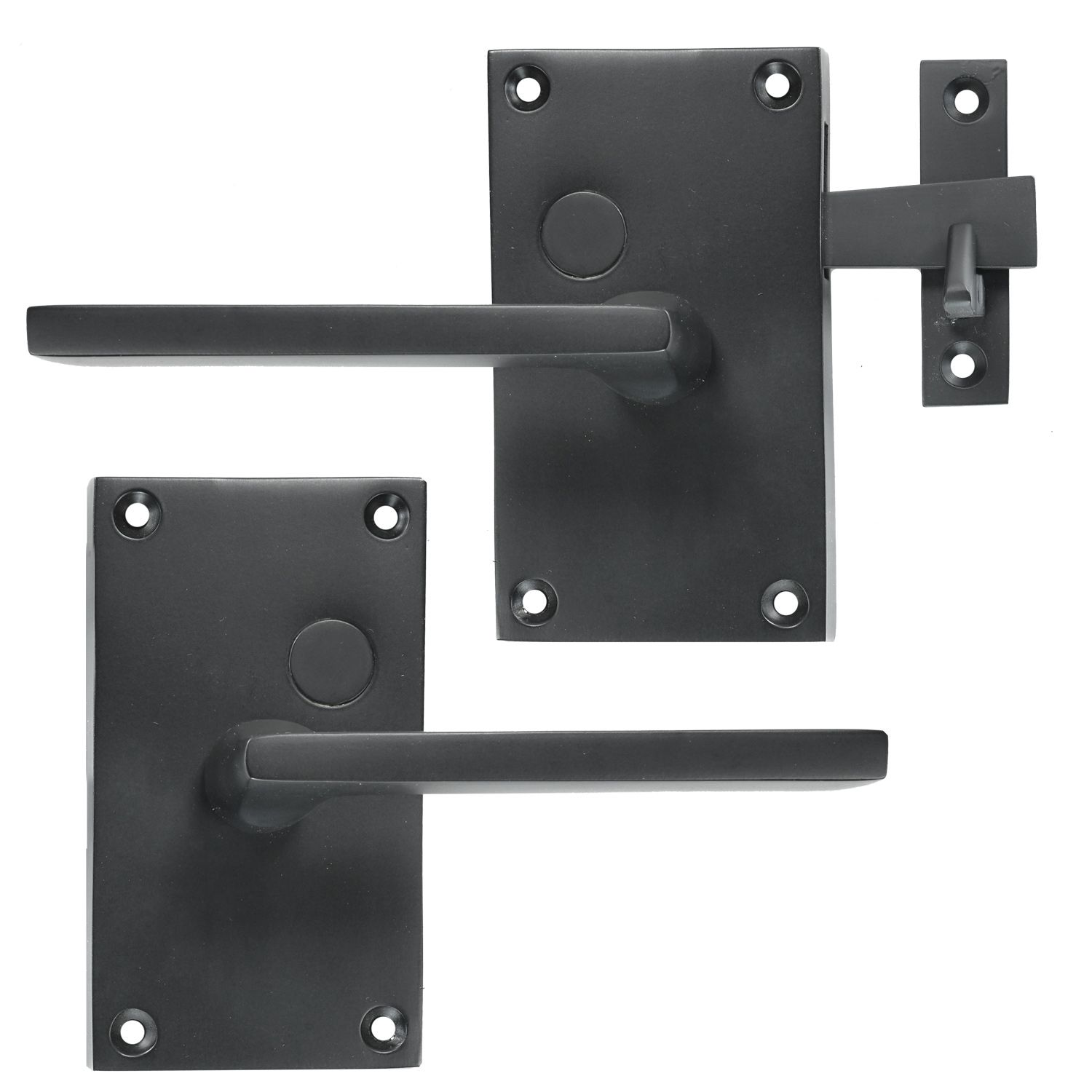 A black door handle and latch on a white background.