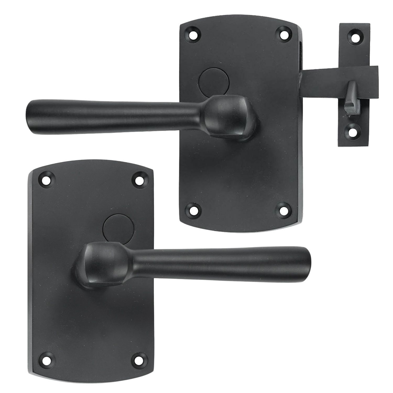 A black door handle with a latch on a white background.