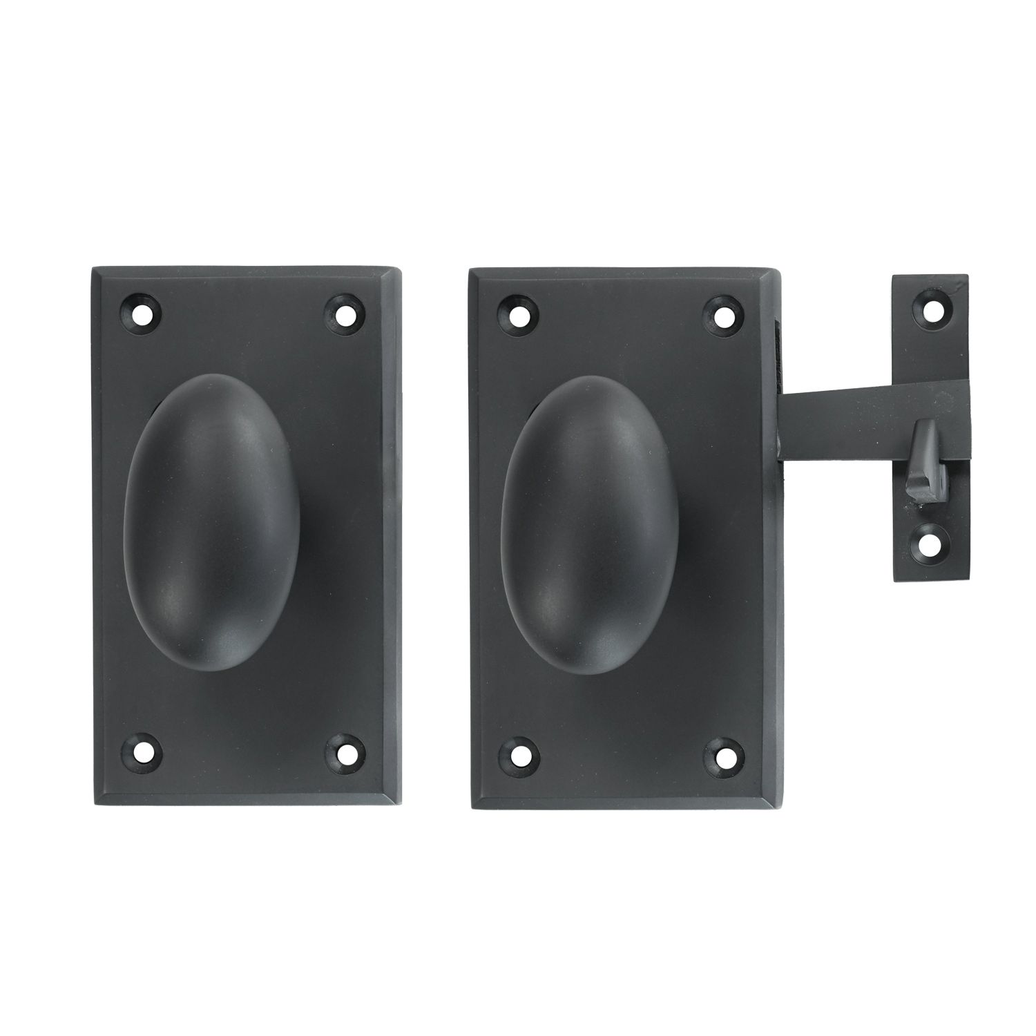 A pair of black door knobs on a white background.