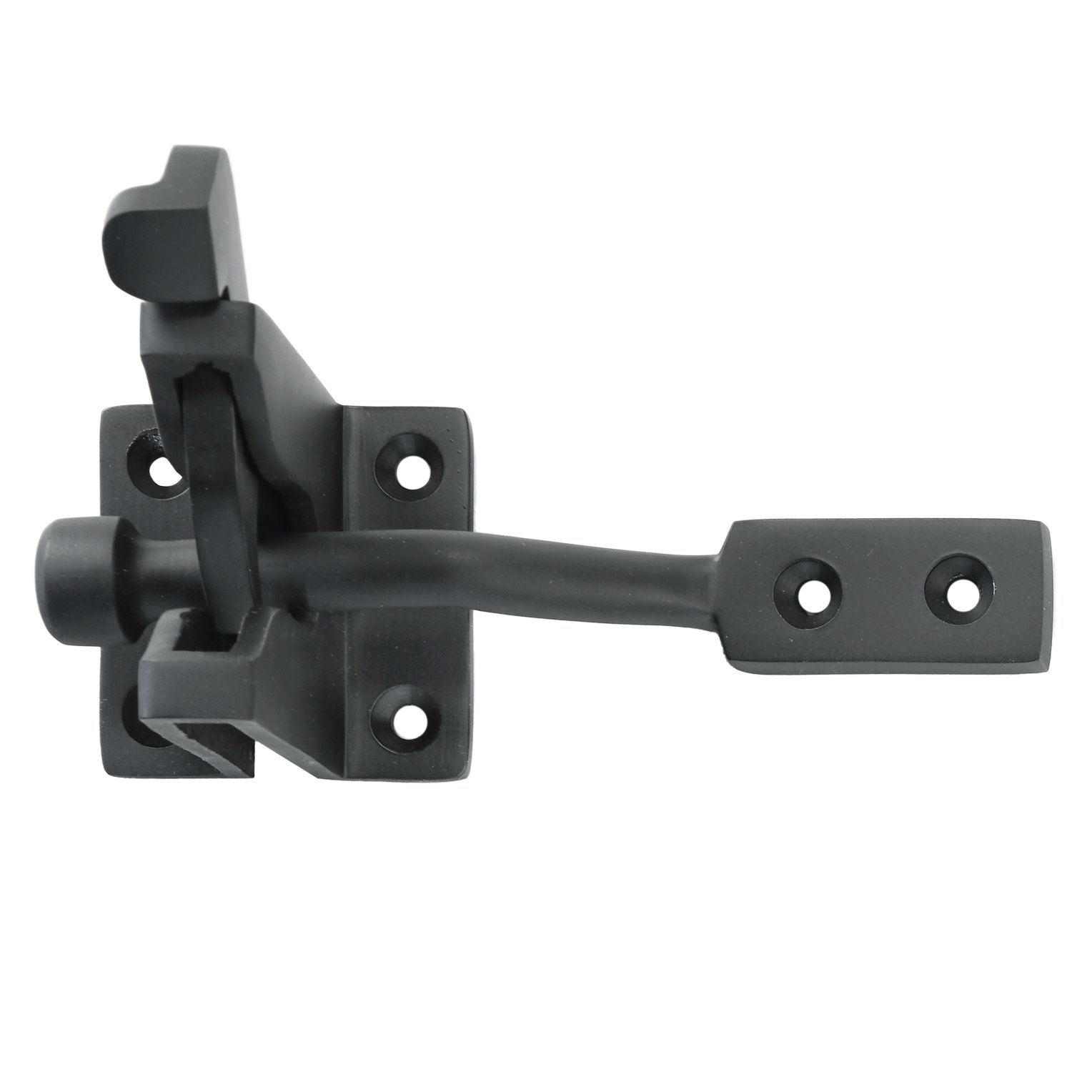 A close up of a black latch on a white background.