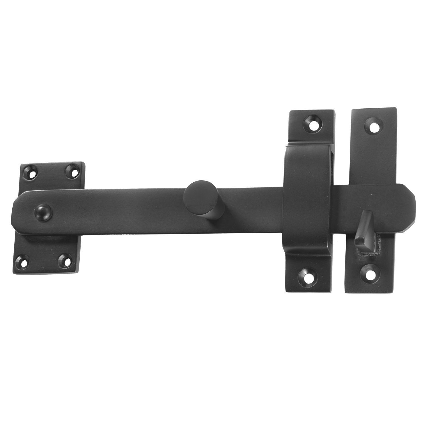 A close up of a black latch on a white background.