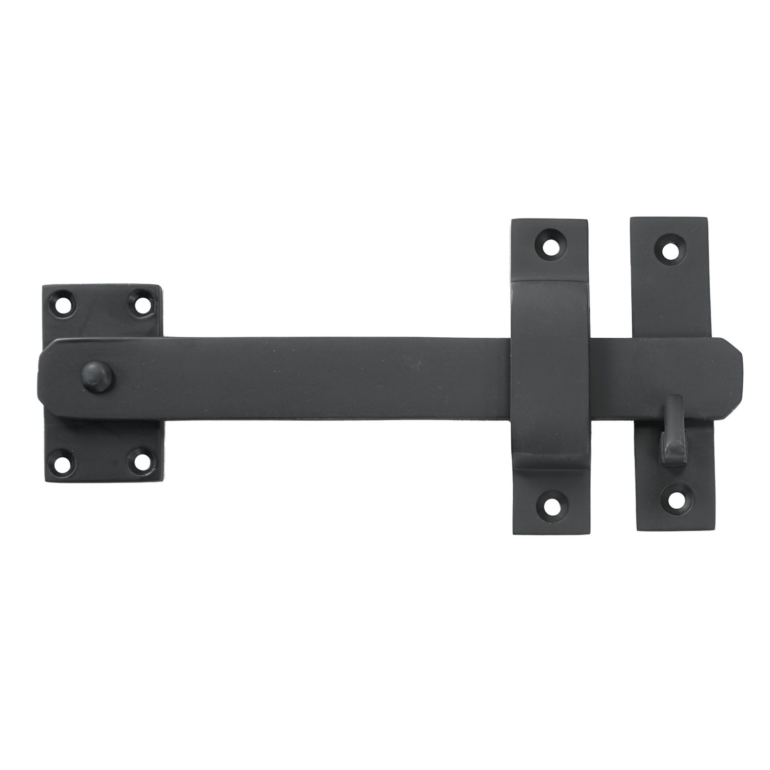 A black latch with a hook on a white background.