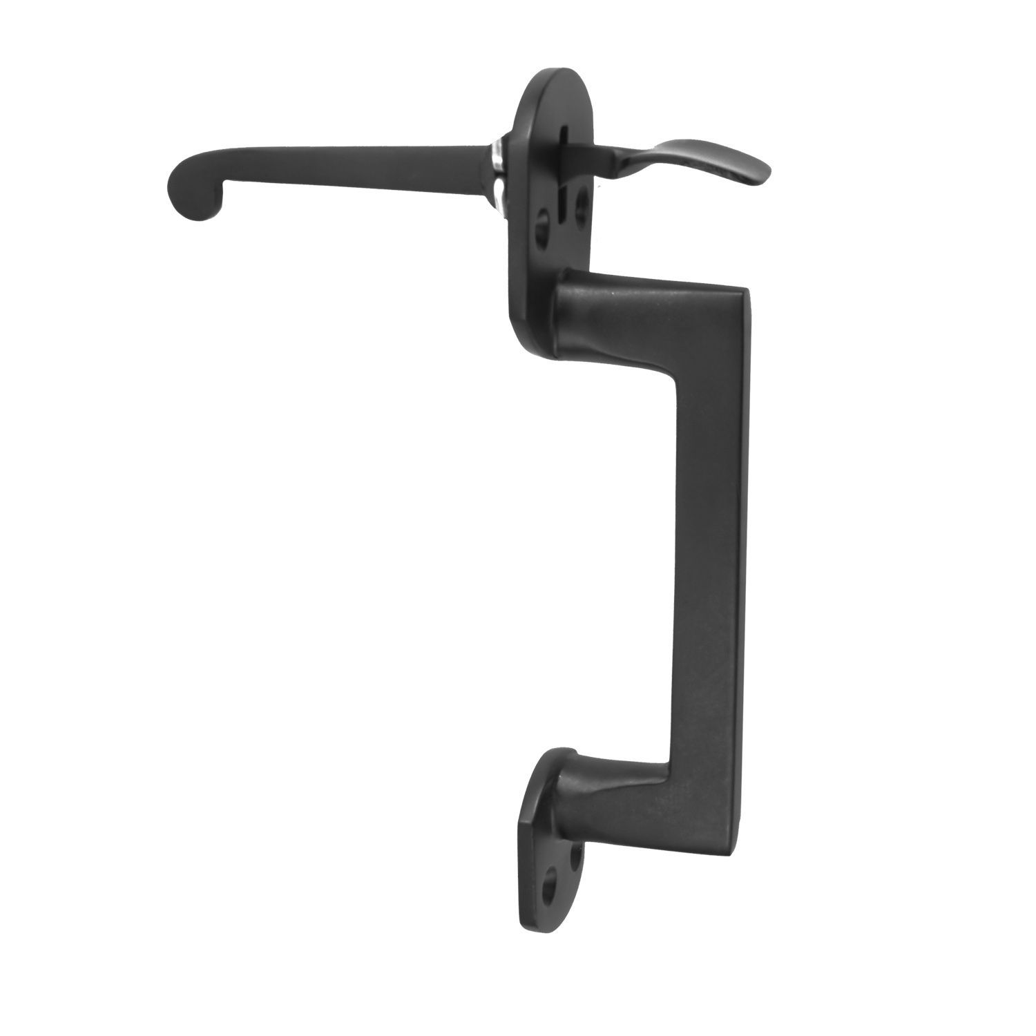 A black door handle on a white background.