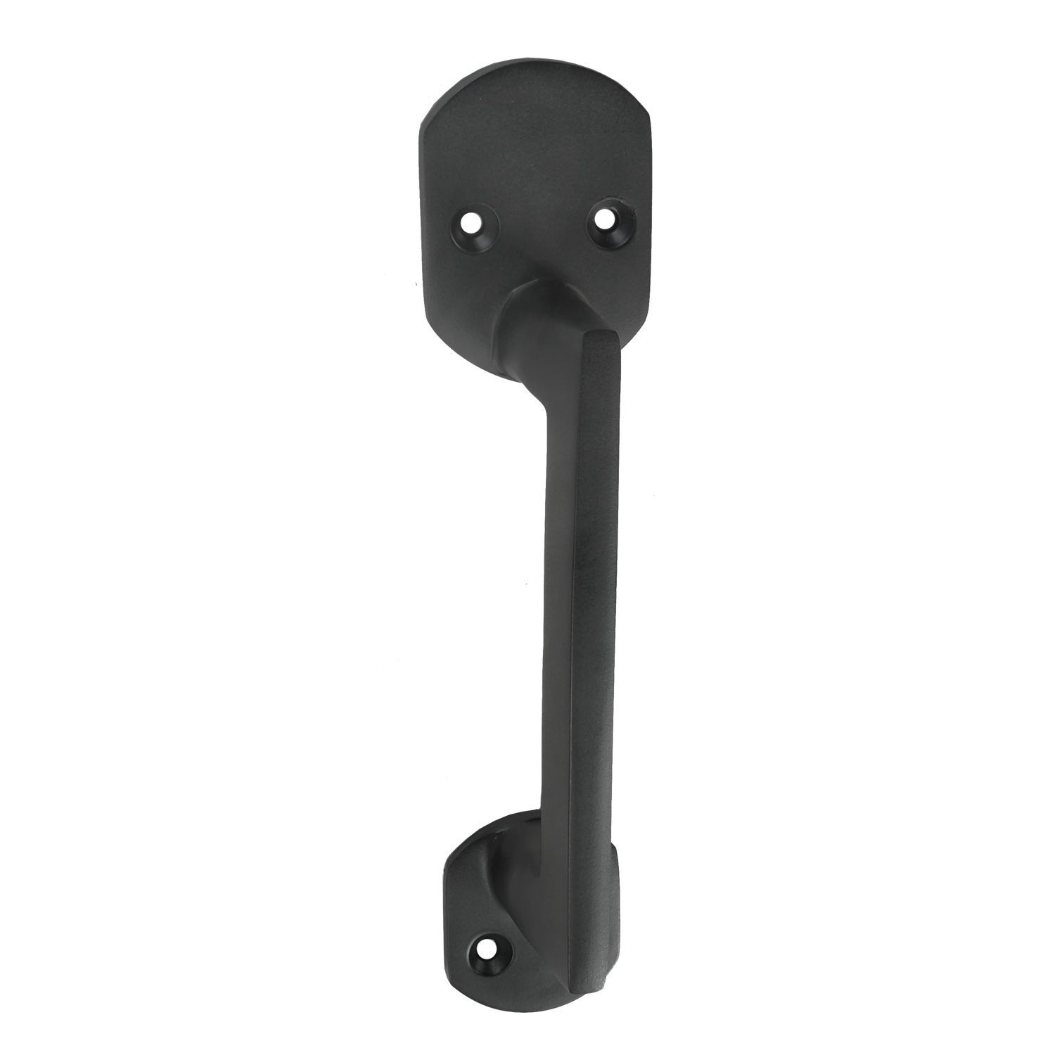 A black door handle on a white background.