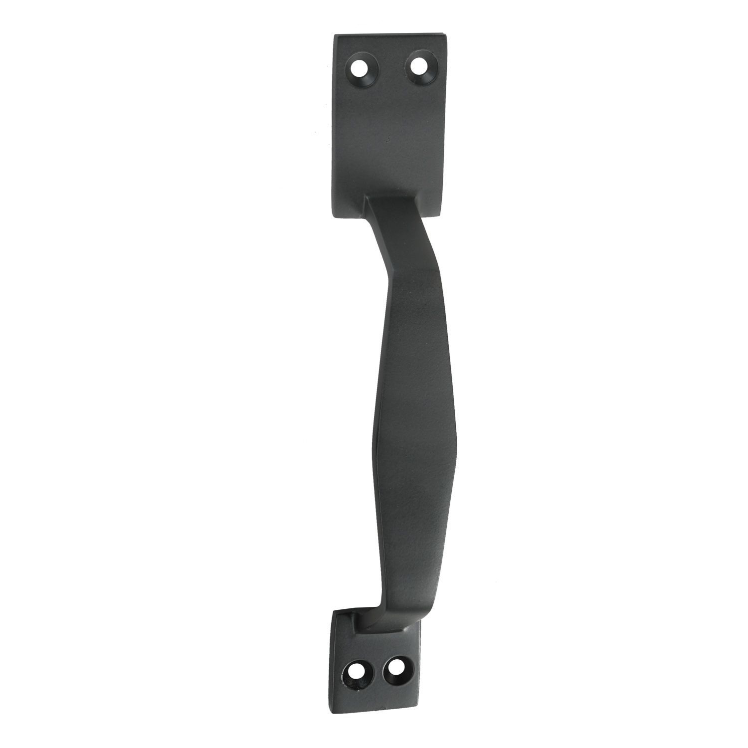 A black door handle on a white background.