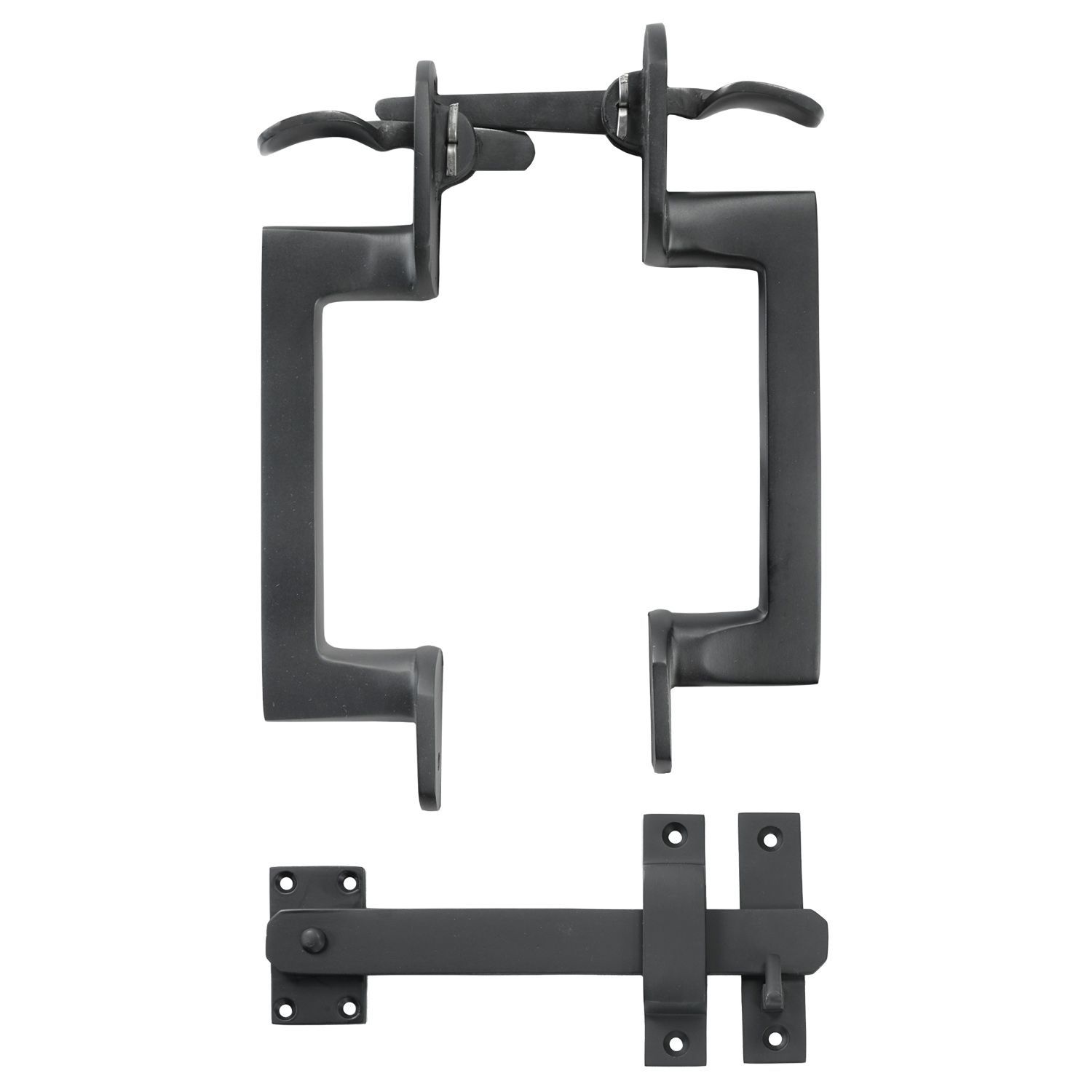 A pair of black door handles and a latch on a white background.