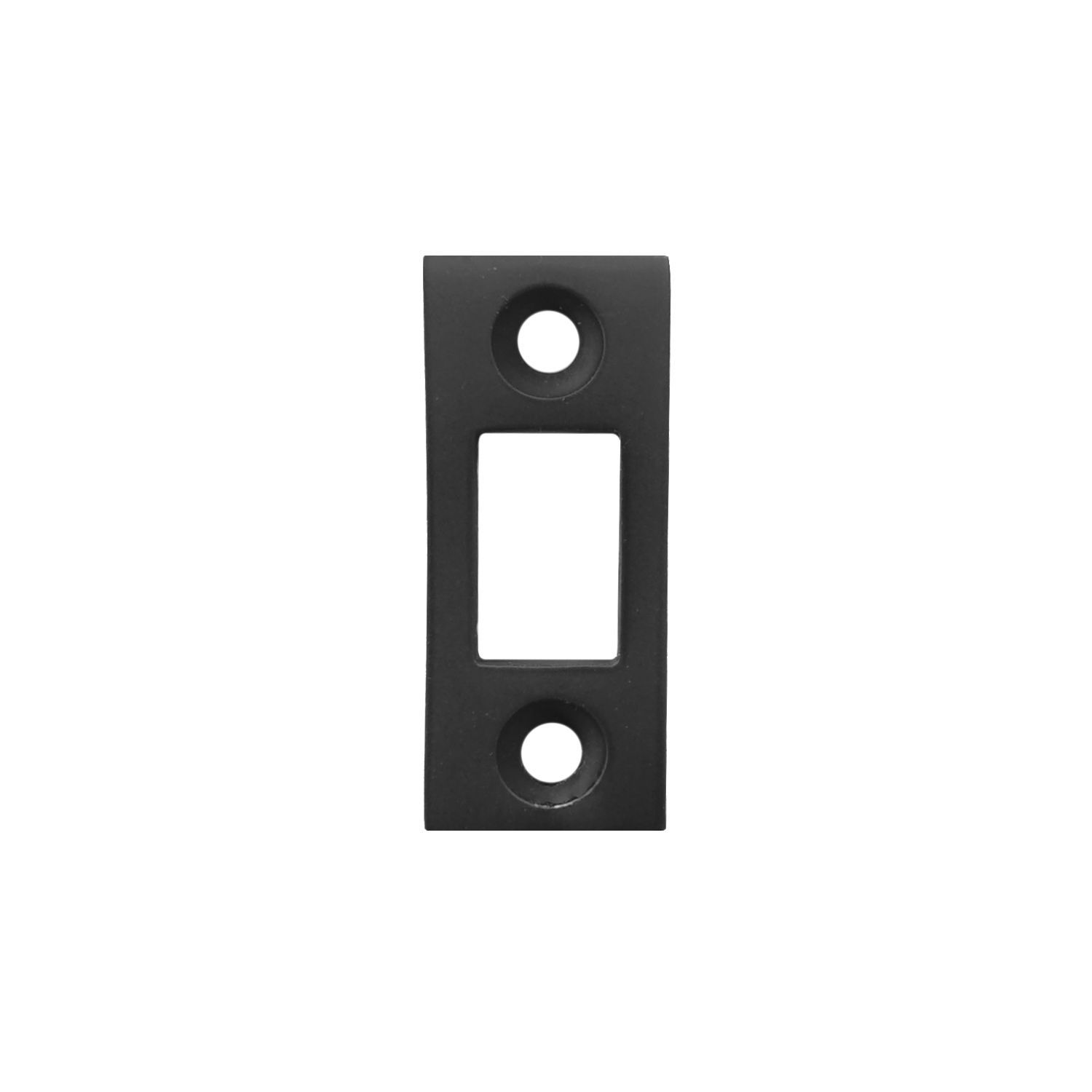 A black door latch with two holes in it on a white background.