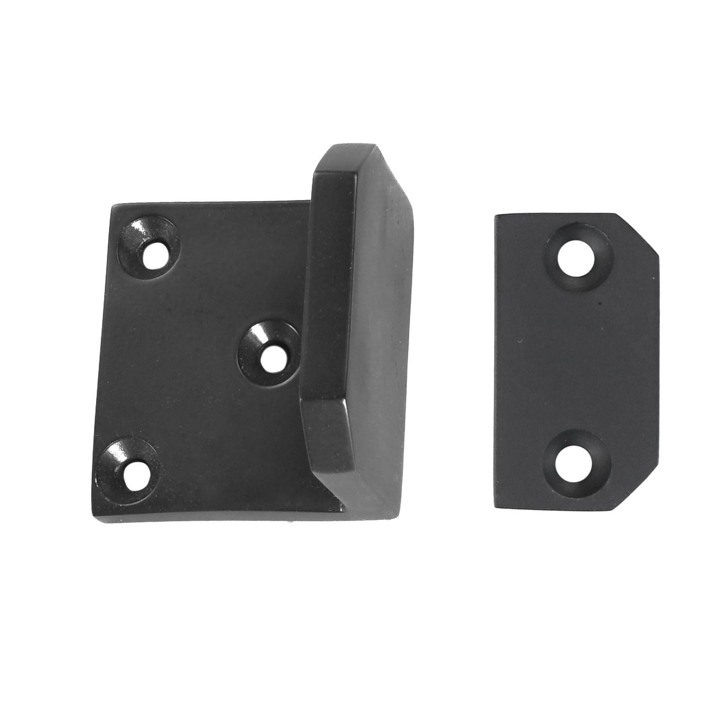 A pair of black hooks with holes in them on a white background.