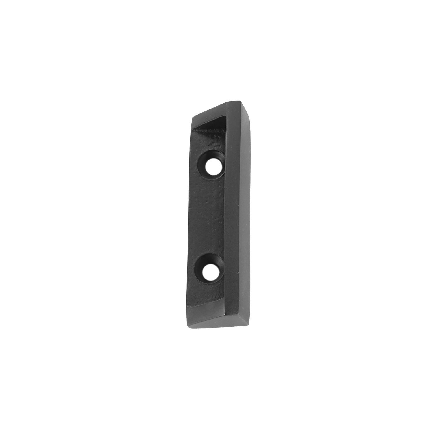A black plastic block with two holes in it on a white background.