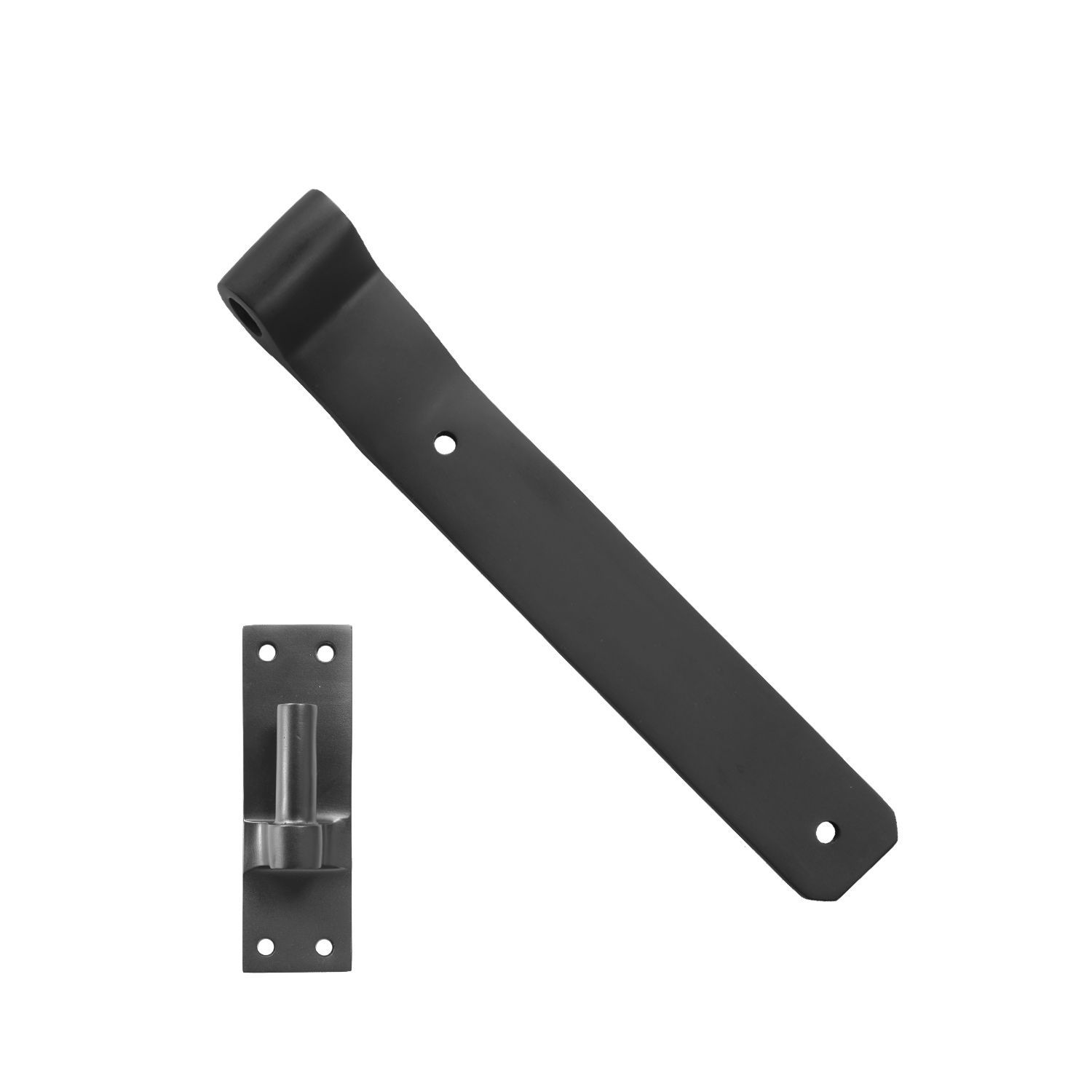 A black door hinge with a bracket attached to it