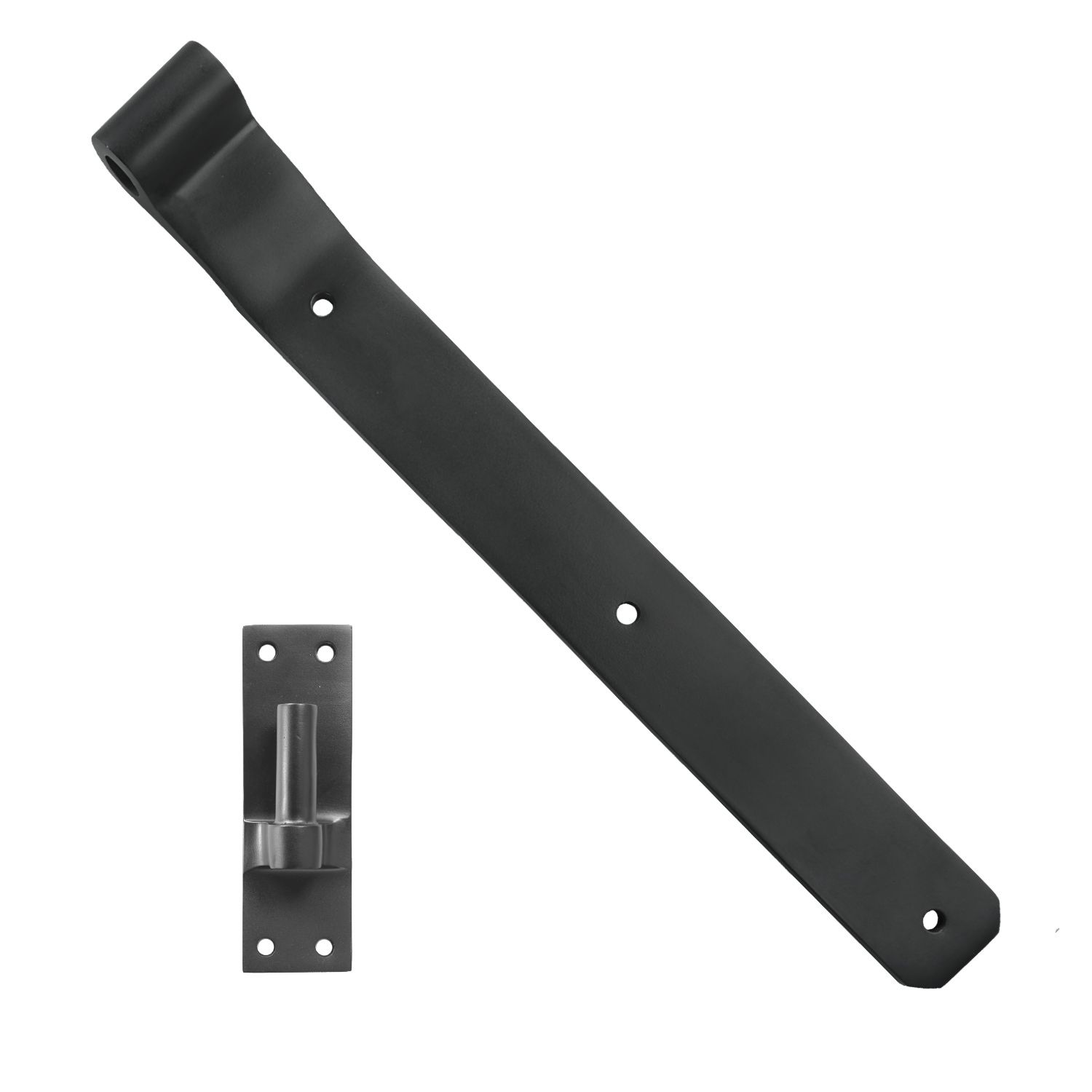 A black door hinge with a bracket attached to it