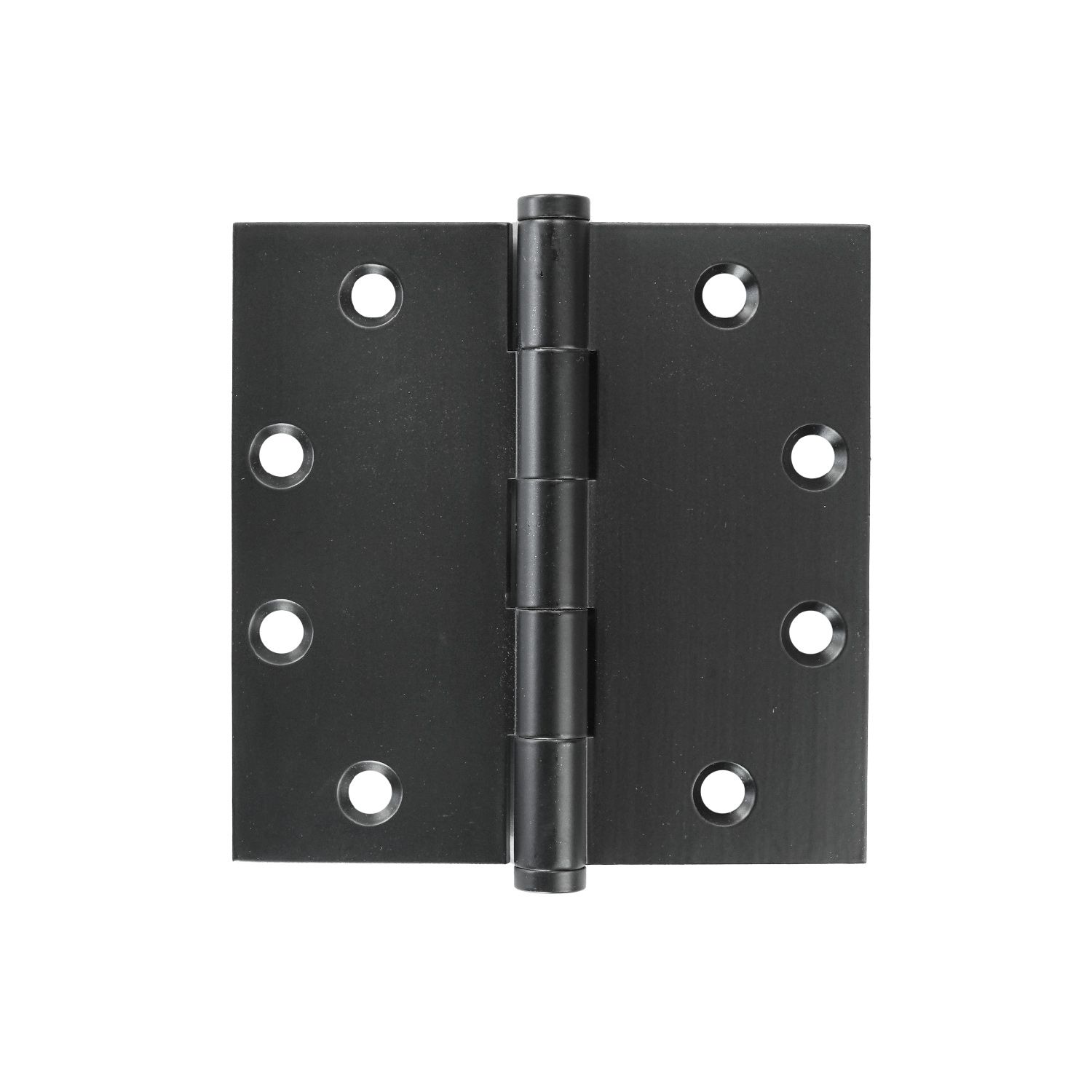 A pair of black door hinges on a white background.