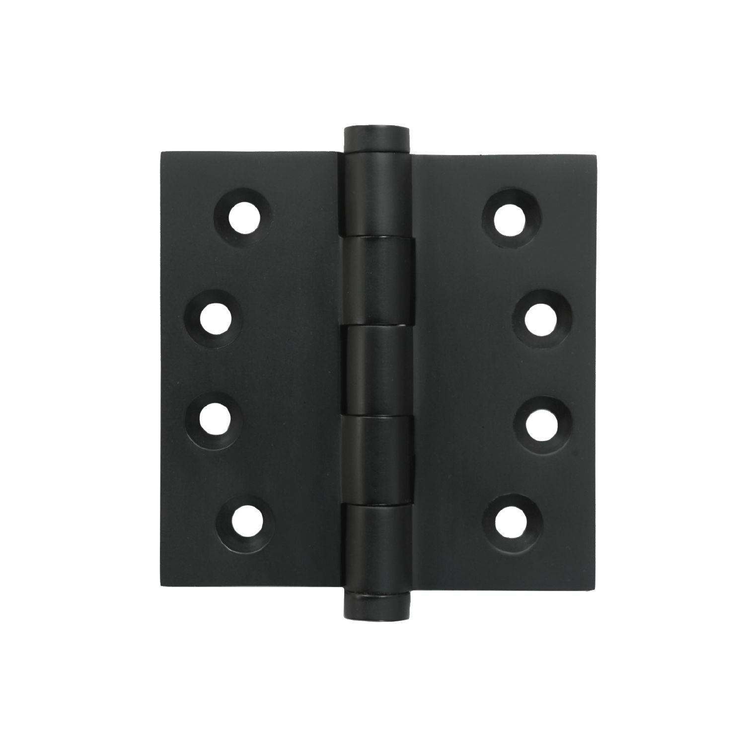 A black door hinge with holes in it on a white background.