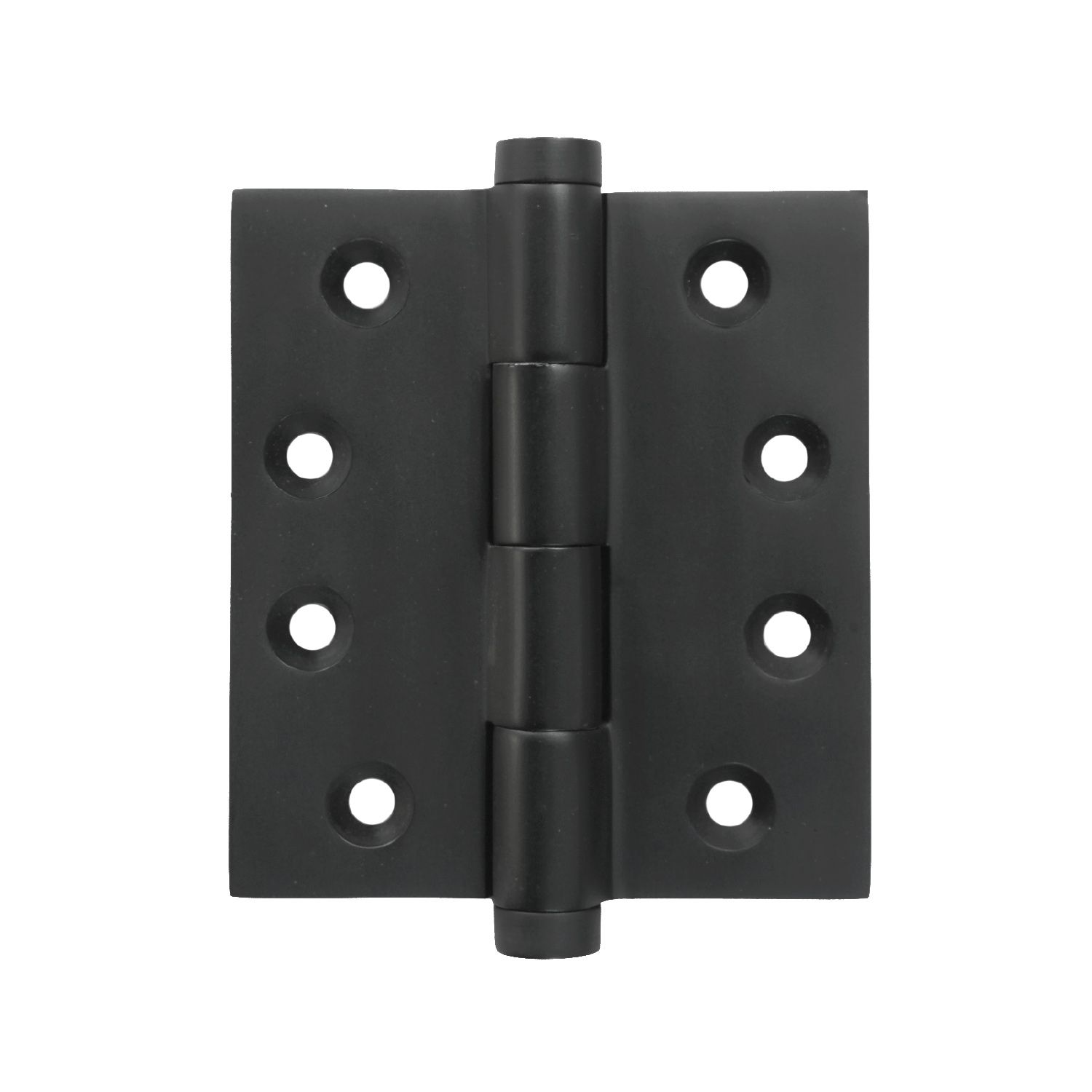 A black door hinge with holes in it on a white background.