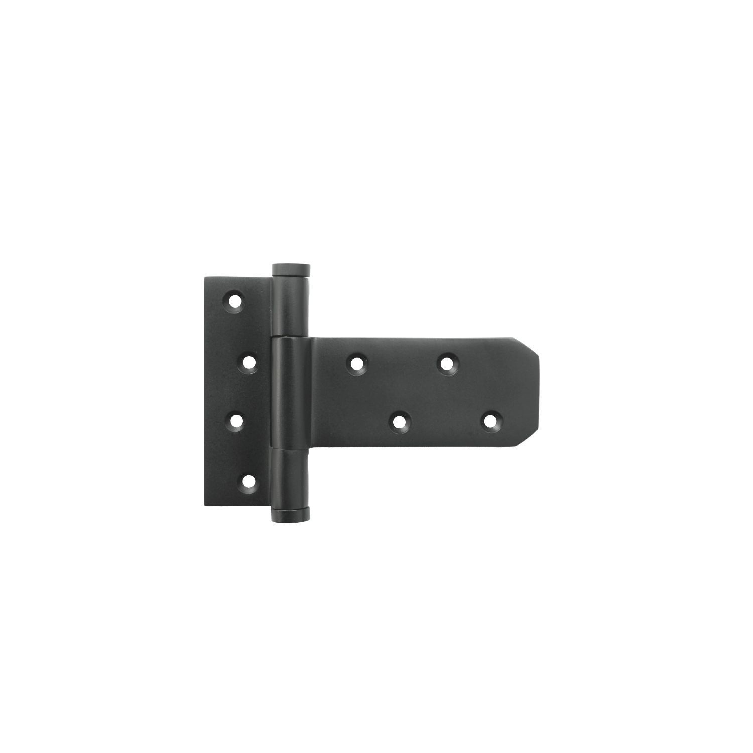 A black door hinge with holes in it on a white background.