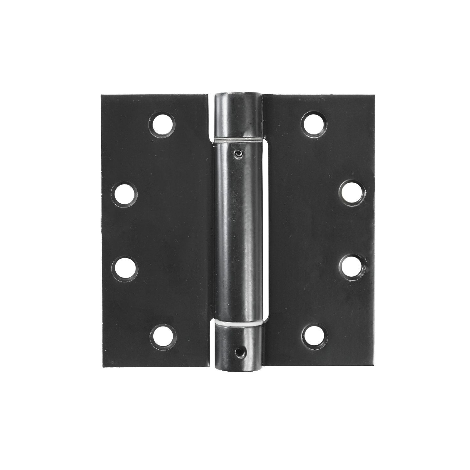 A close up of a black door hinge on a white background.