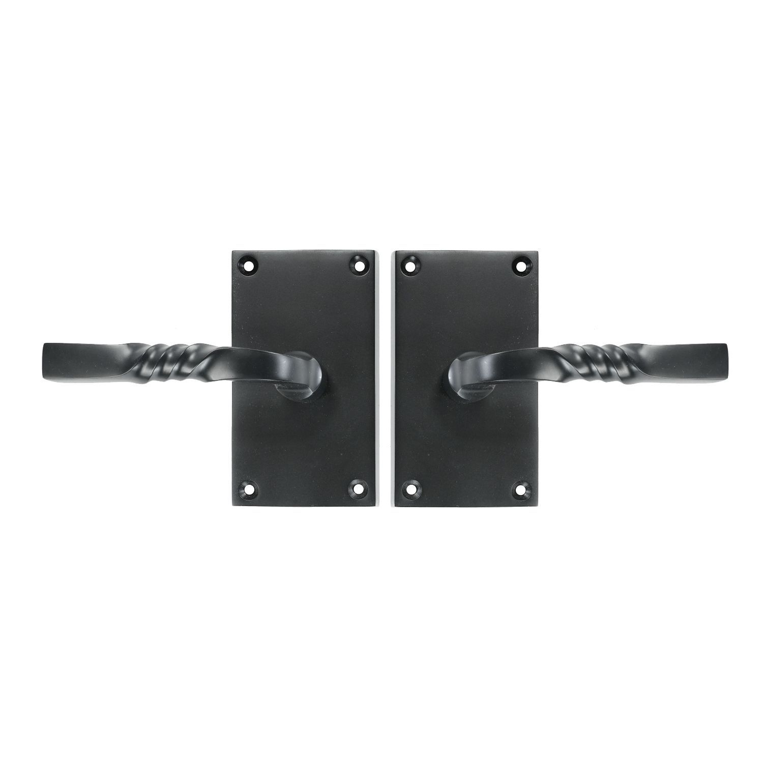 A pair of black door handles on a white background.