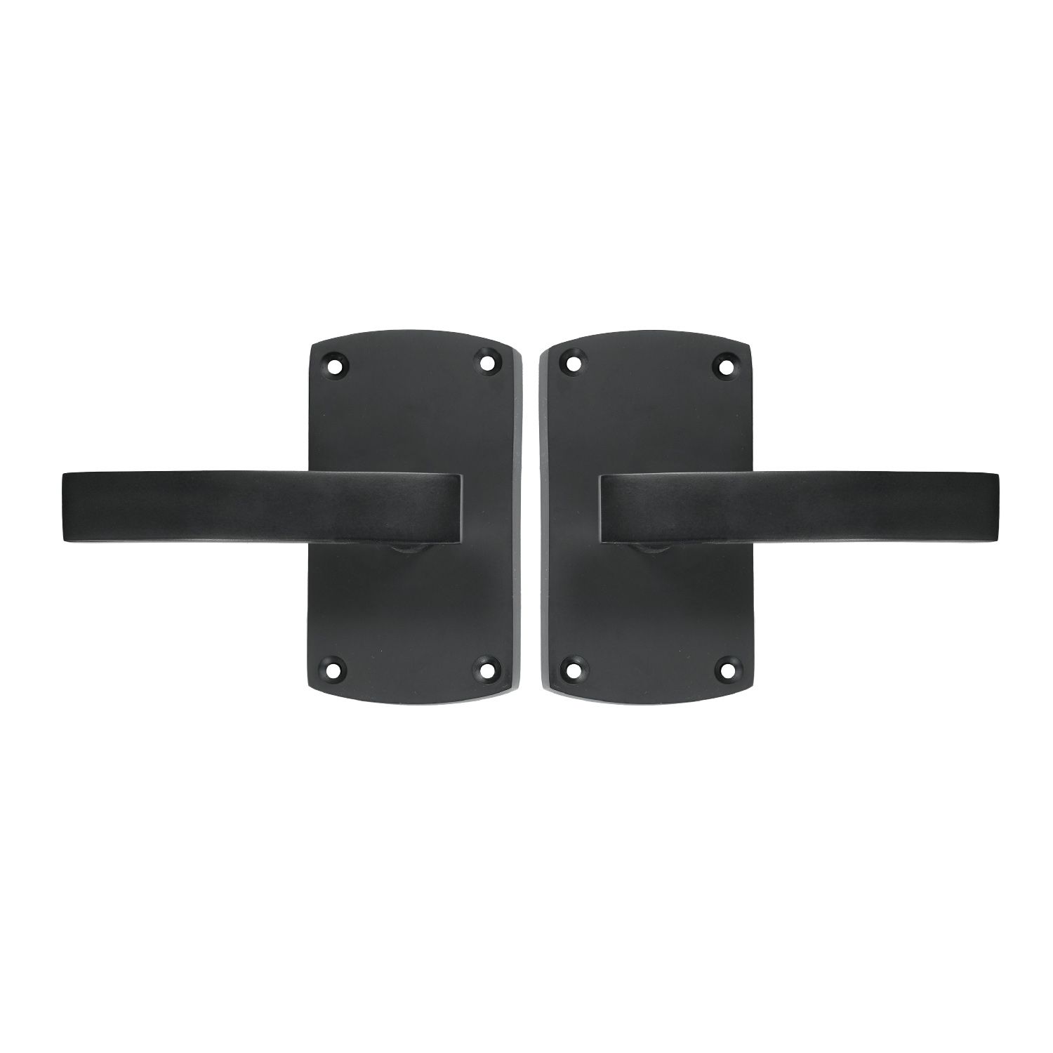 A pair of black door handles on a white background.