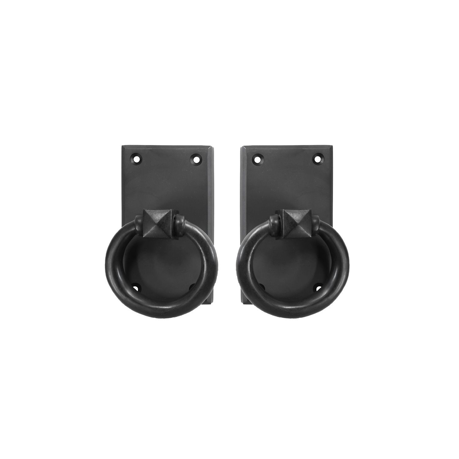 A pair of black door handles with rings on a white background.