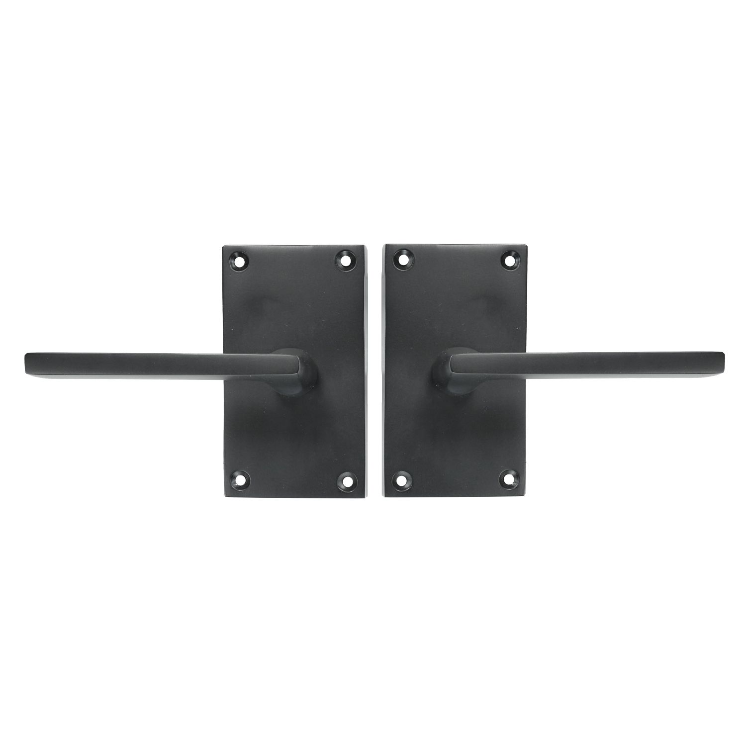 A pair of black door handles on a white background.