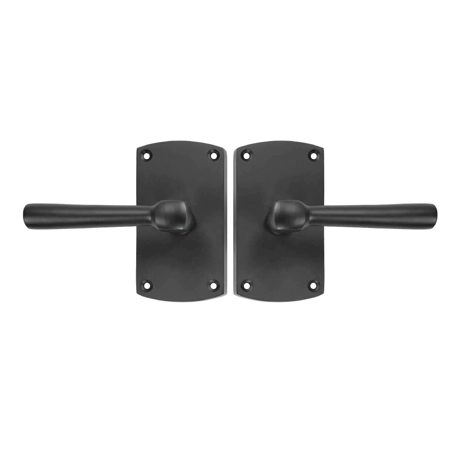 A pair of black door handles on a white background.