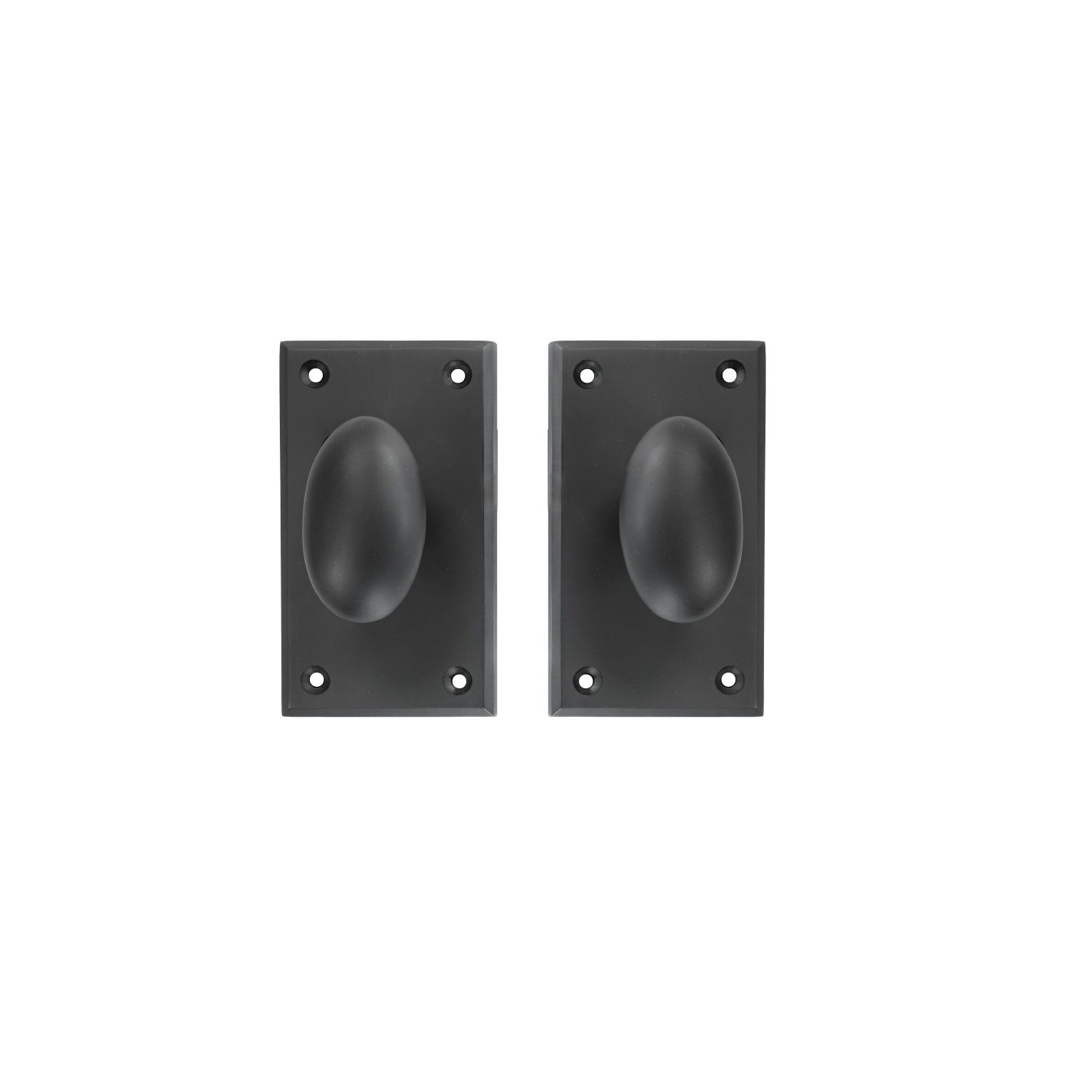 A pair of black door knobs on a white background.