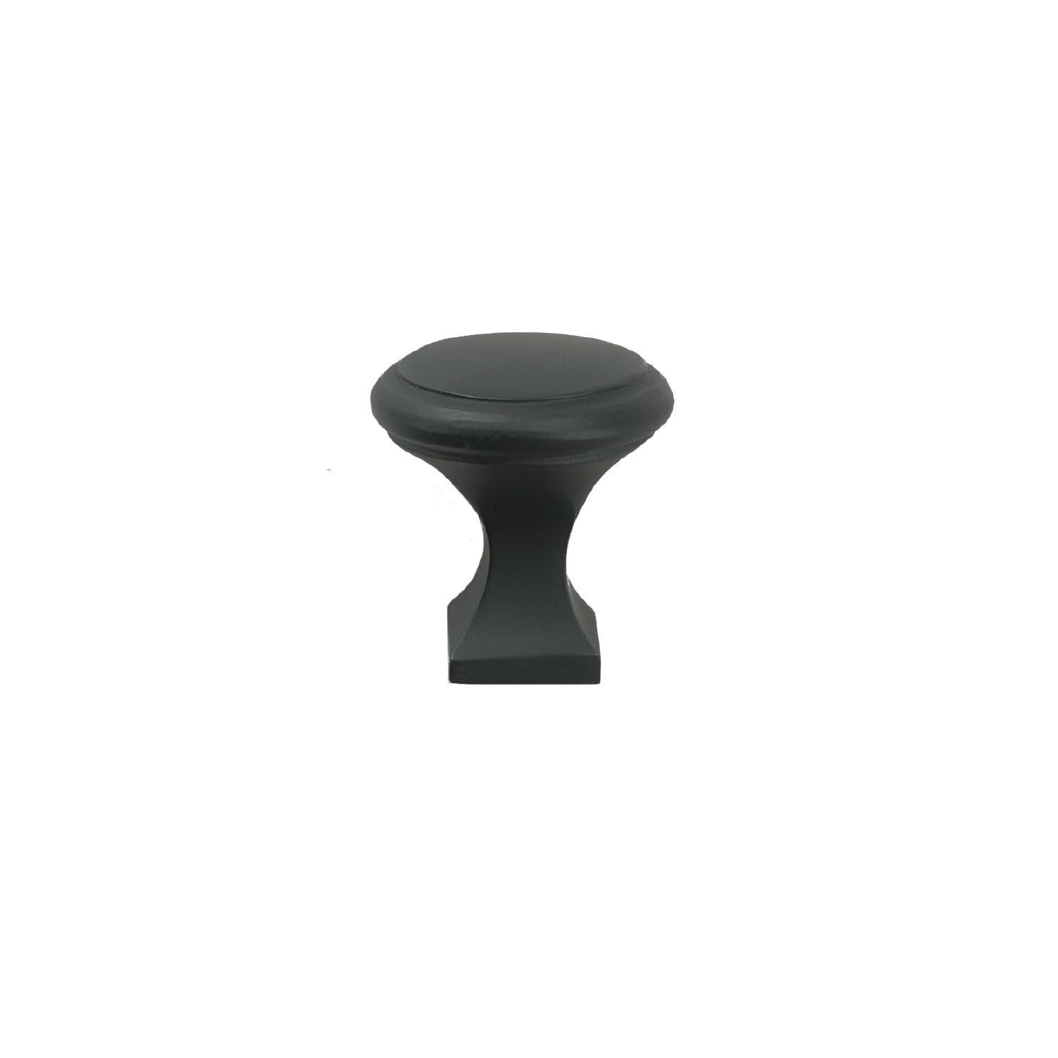 A black cabinet knob on a white background.