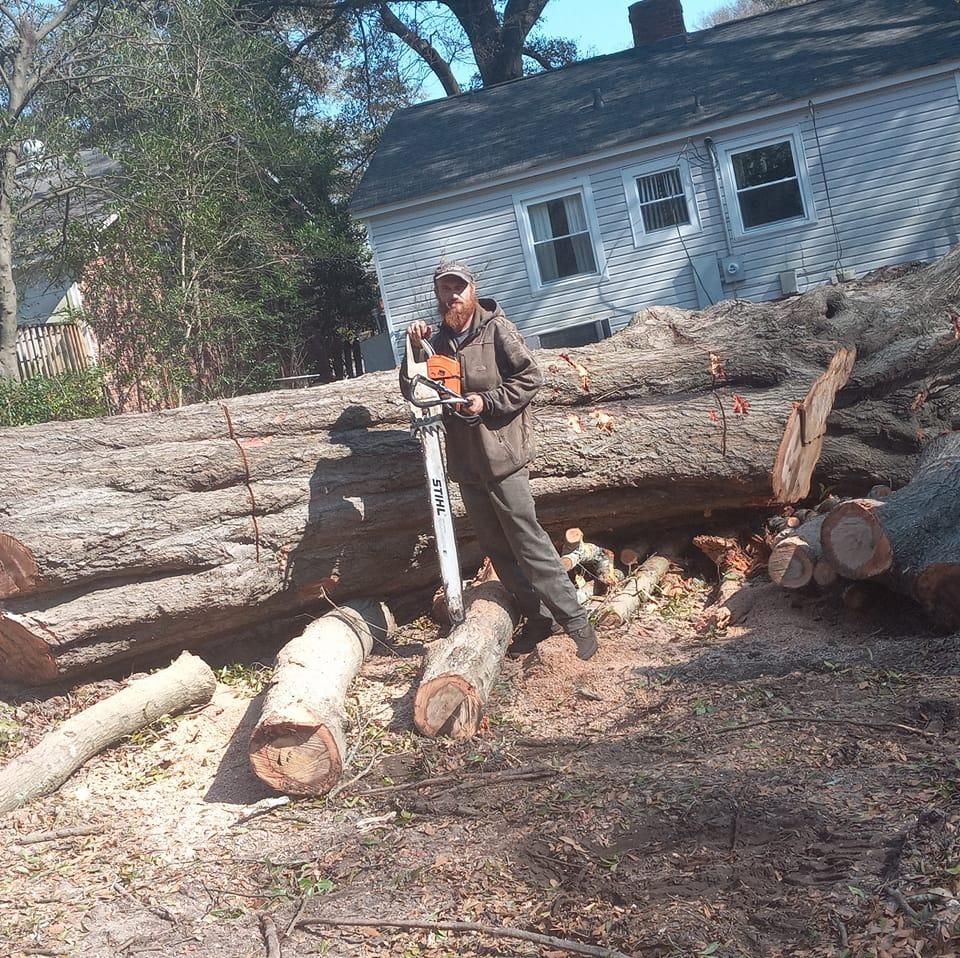 A man standing next to a pile of logs holding a chainsaw