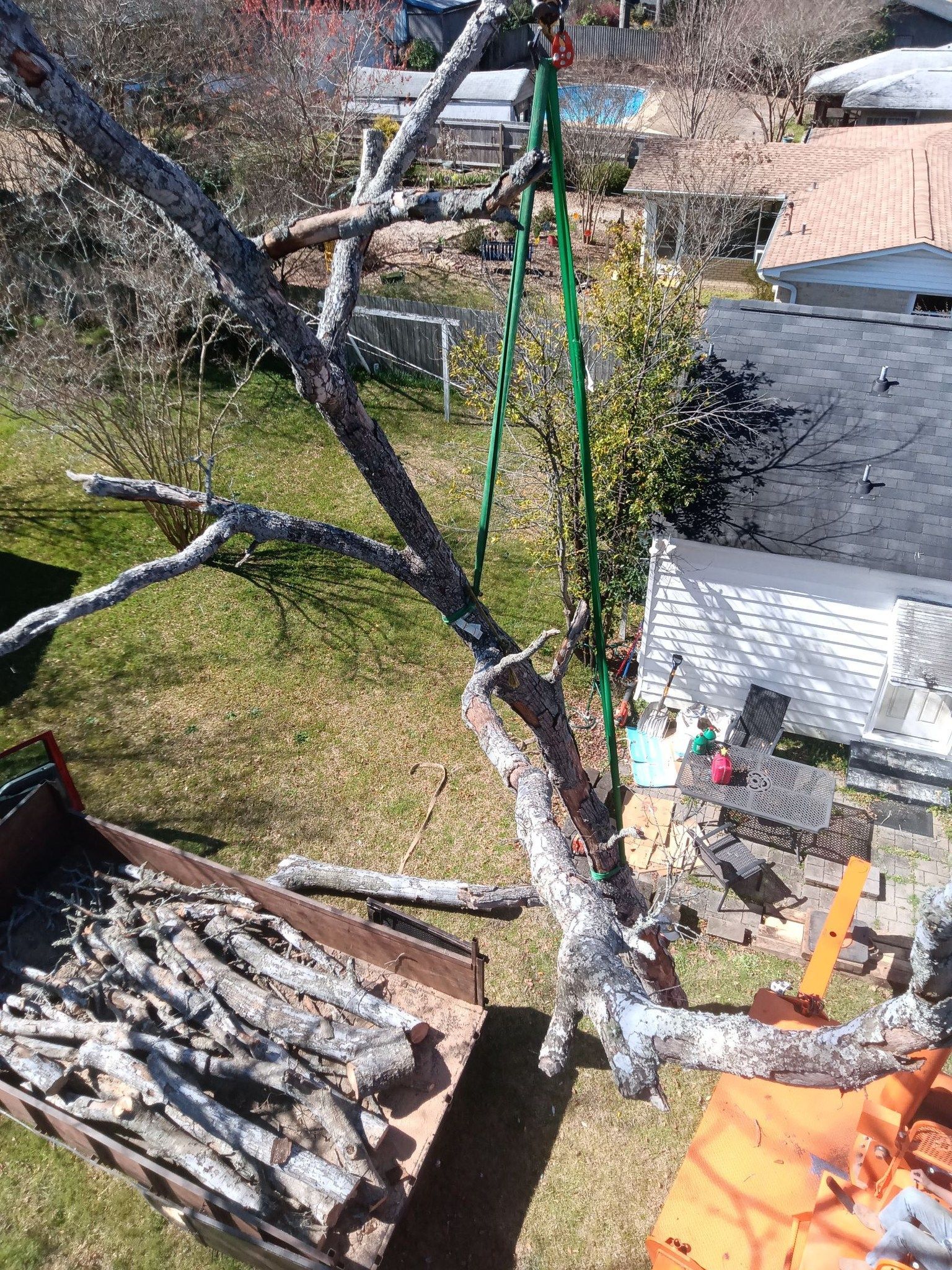 A tree branch is being lifted by a crane in a yard.