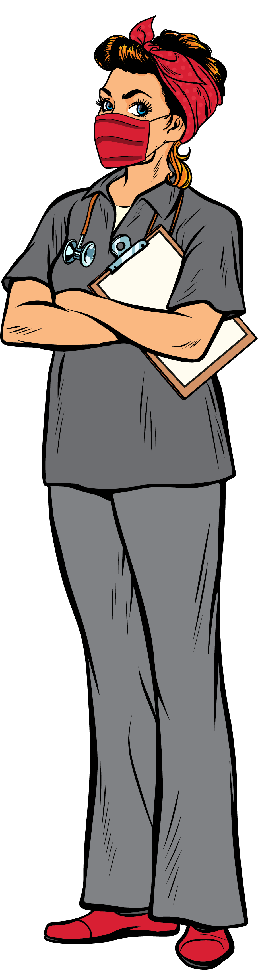 A cartoon of a nurse wearing a mask and holding a clipboard.