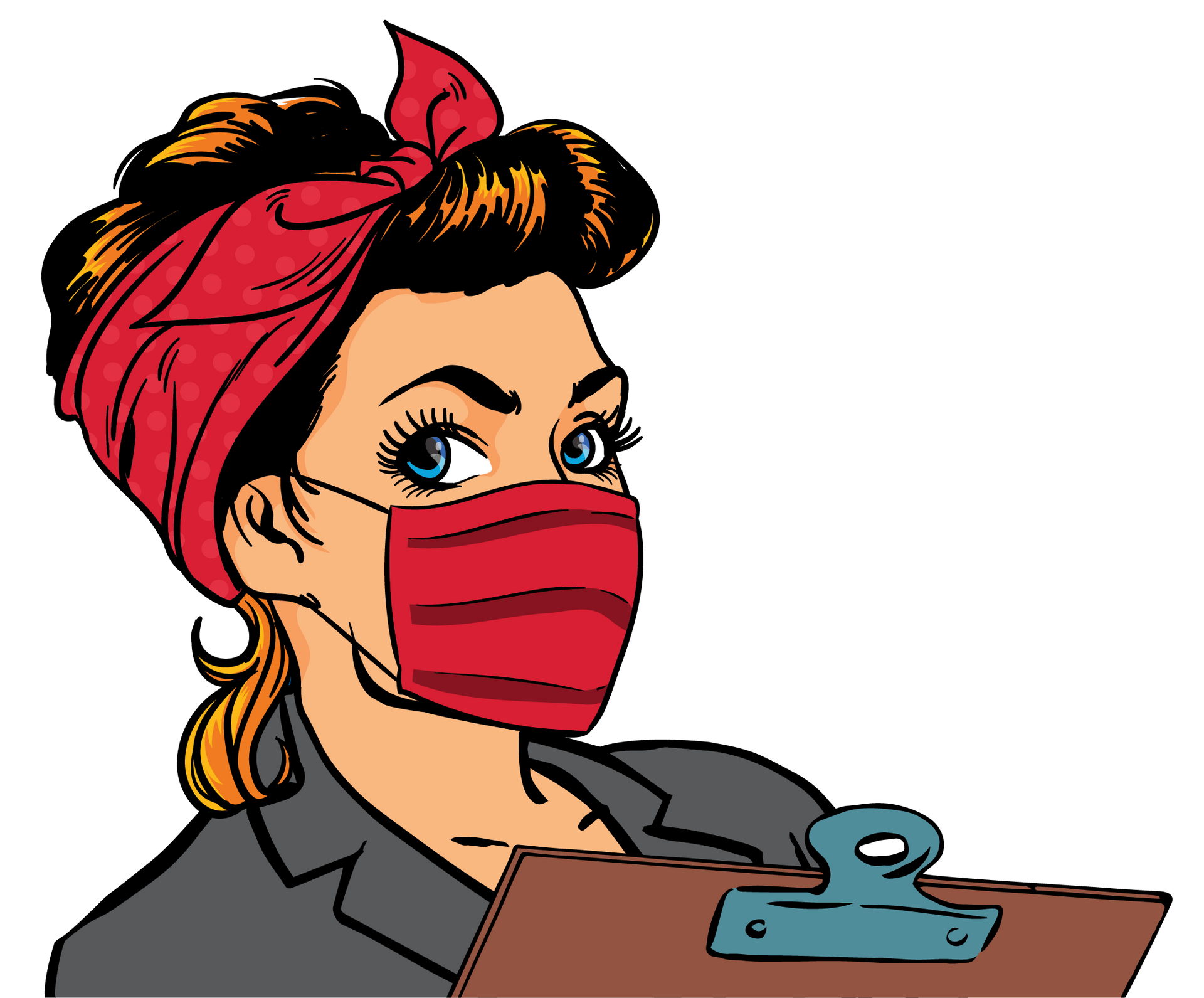 A woman wearing a red mask is holding a clipboard.