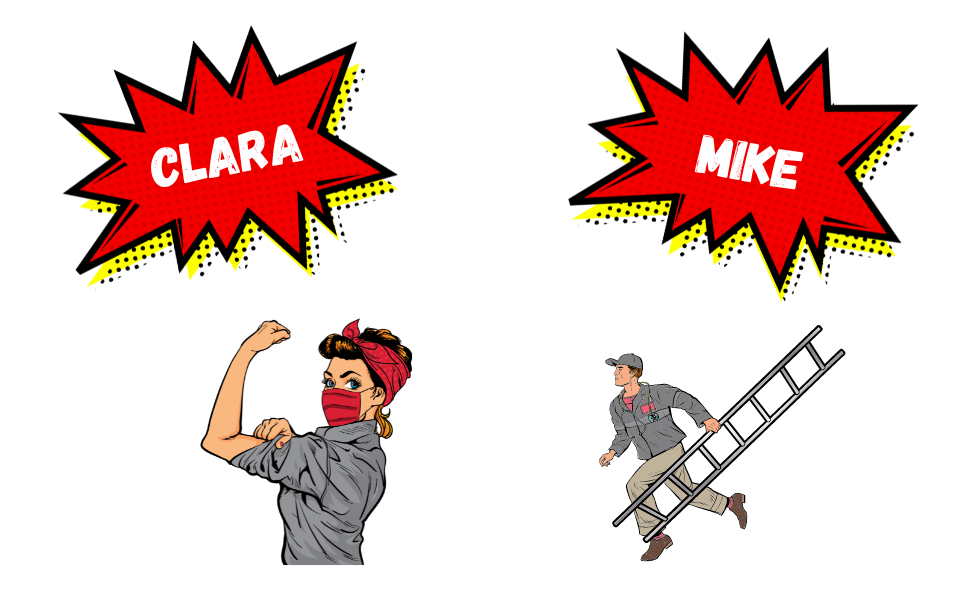 A cartoon of clara and mike with a ladder