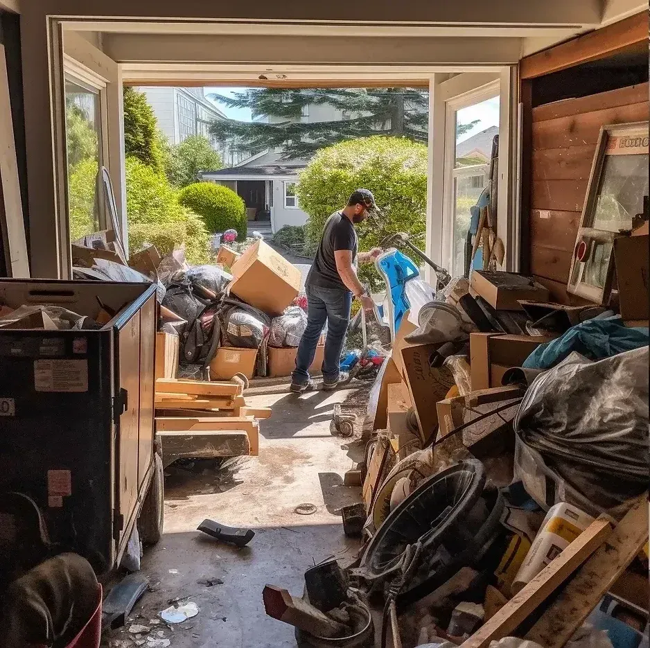 A man is standing in a garage filled with boxes and trash.