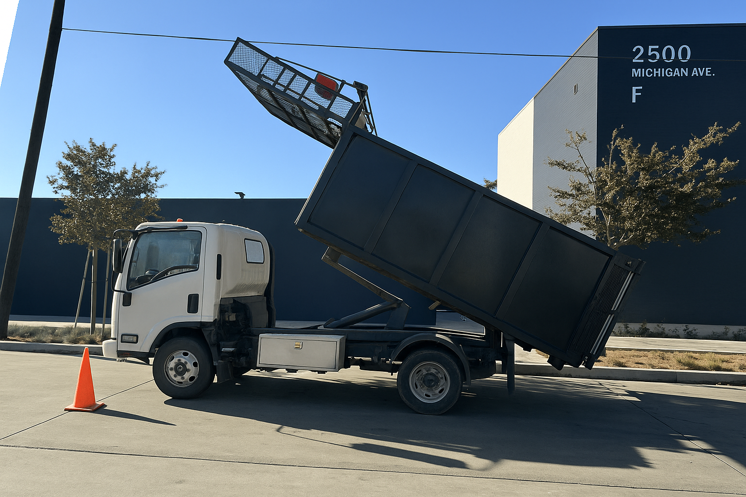A dump truck is parked in front of a building with the number 2500 on it