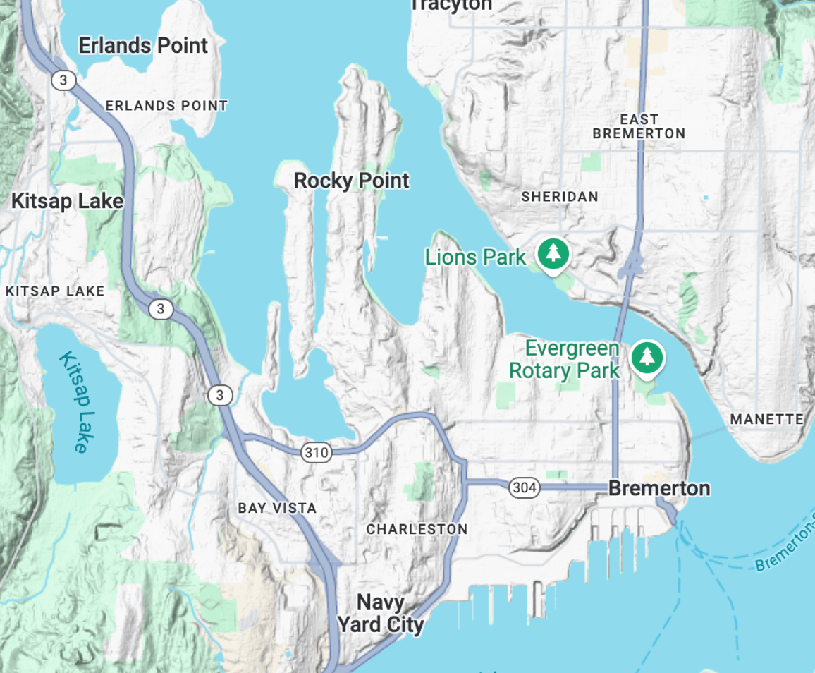 A map showing the location of rocky point and lions park
