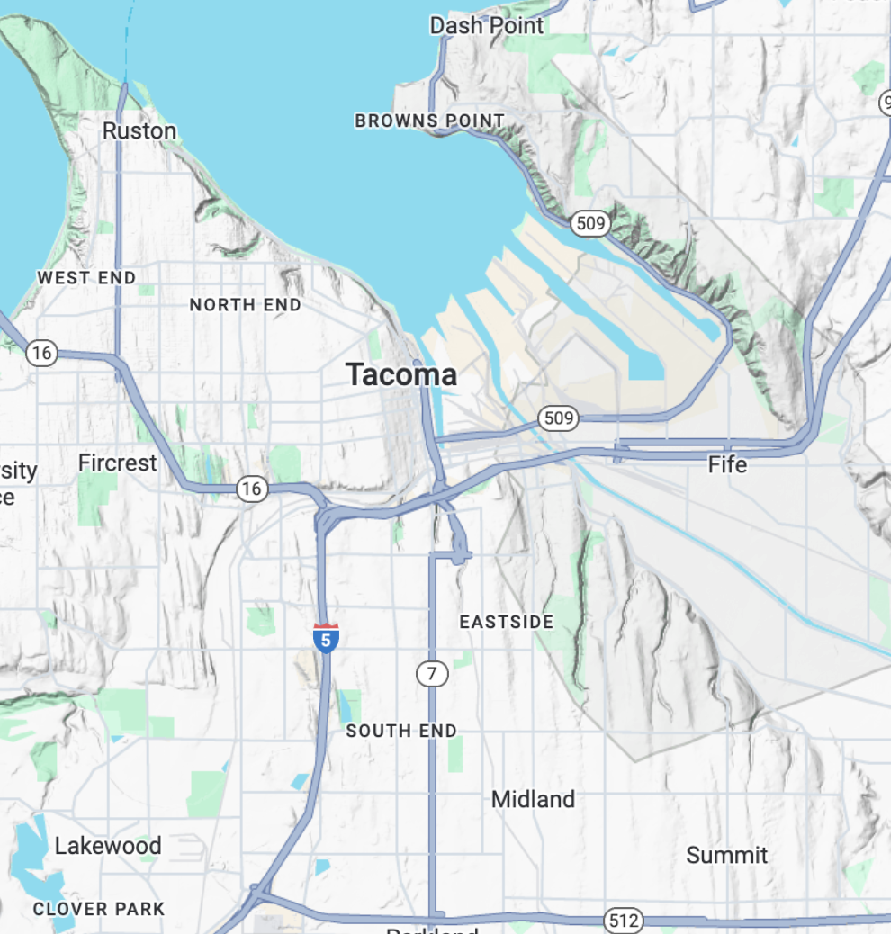 A map of tacoma shows a large body of water