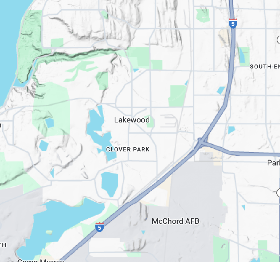 A map showing the location of lakewood and clover park