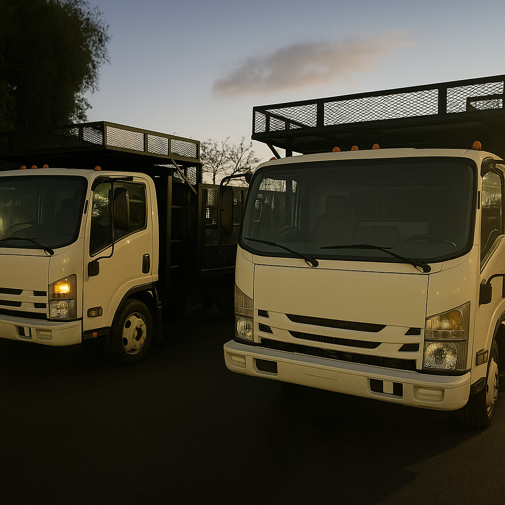 Two white trucks are parked next to each other