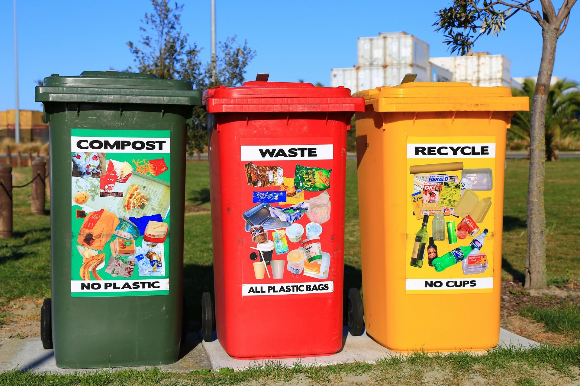 Three trash cans are lined up in a grassy area.