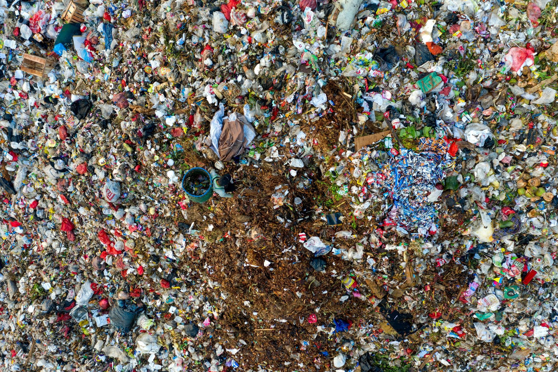 An aerial view of a large pile of trash.