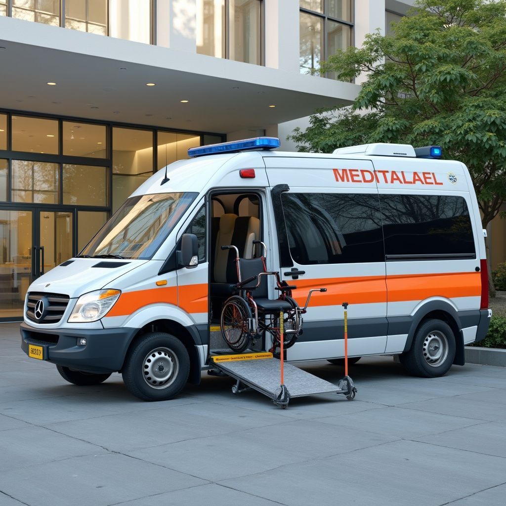 Ambulance with wheelchair ramp outside a building. Orange and white,
