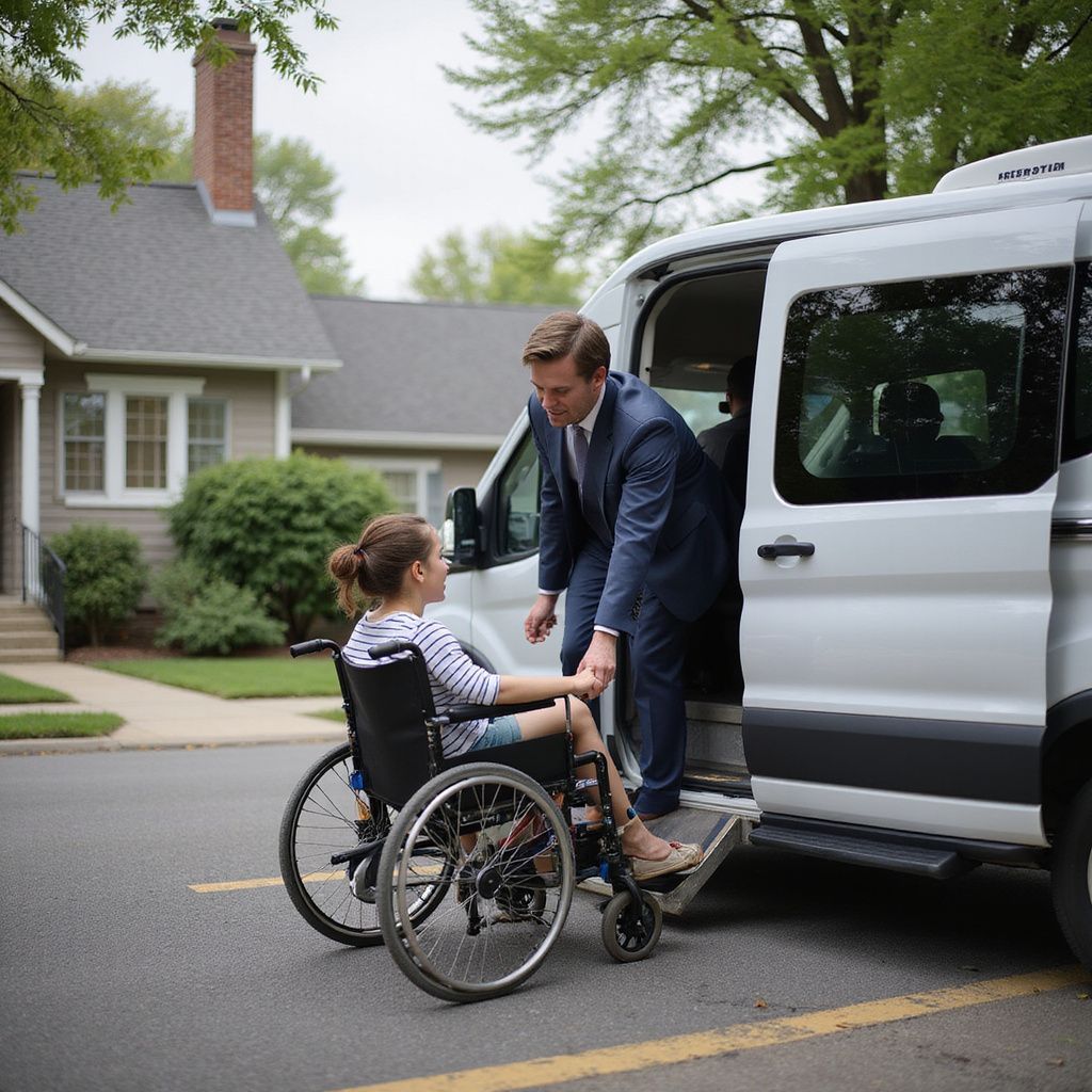 Man in suit assisting a girl in a wheelchair into a white accessible van. Residential setting.