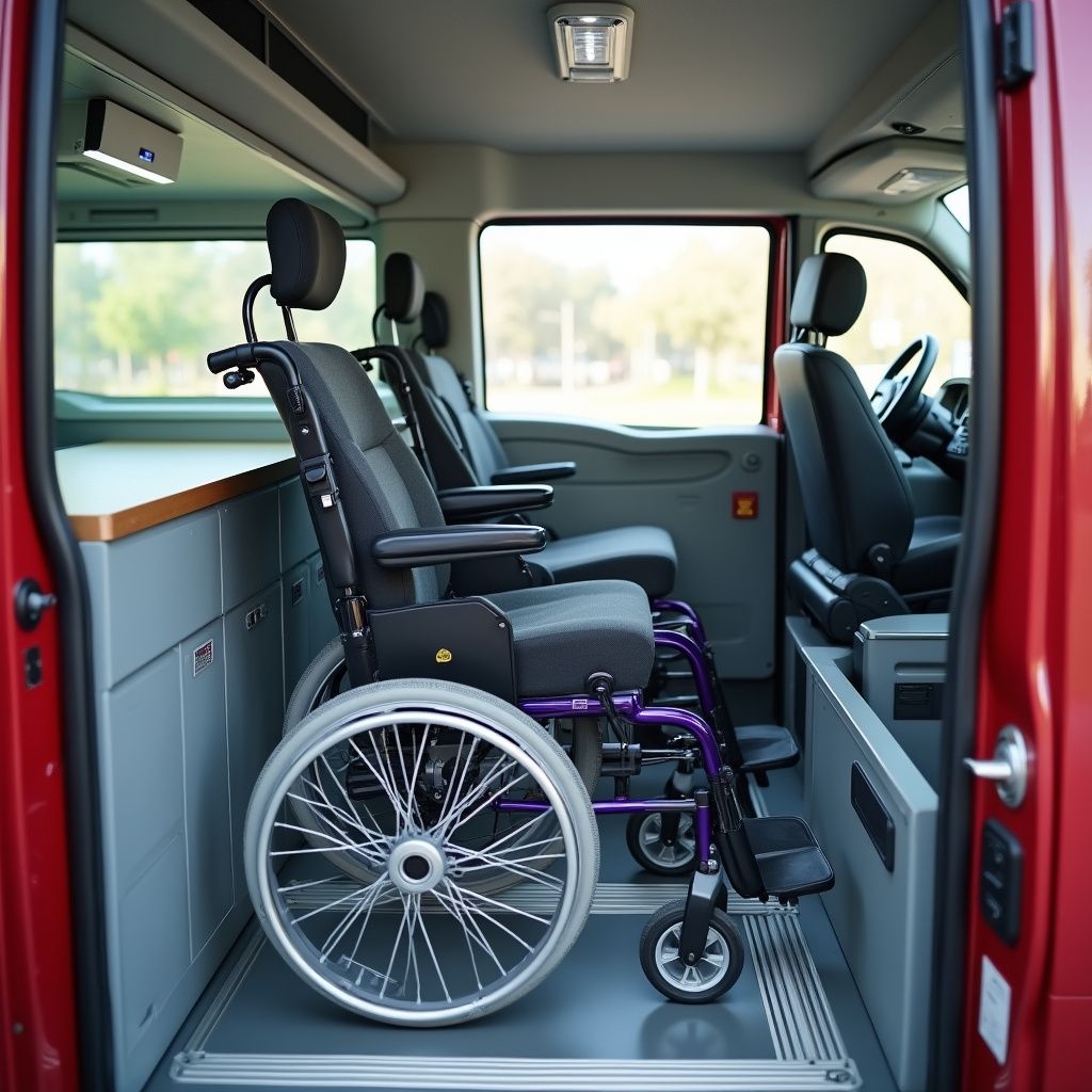 Interior of accessible red van, equipped with wheelchair and seating.