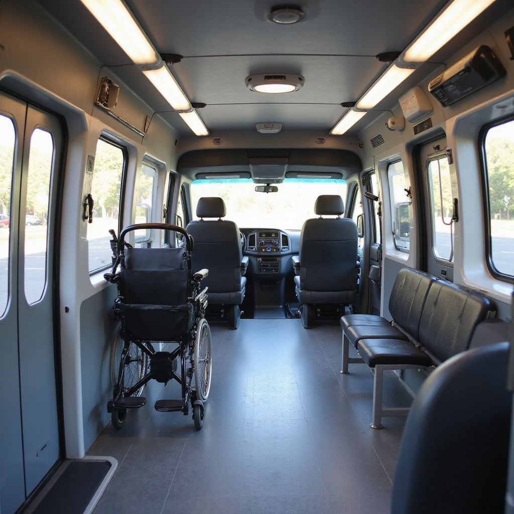 Interior of a mobility van with seats, a wheelchair, and driver/passenger seats. Bright lighting illuminates the interior.