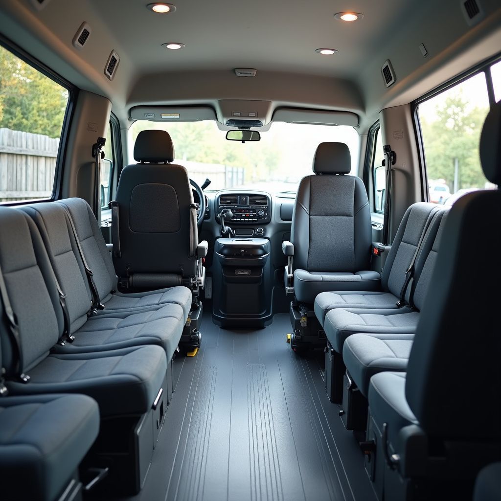 Interior of a passenger van with rows of gray seats. Steering wheel and dashboard visible.