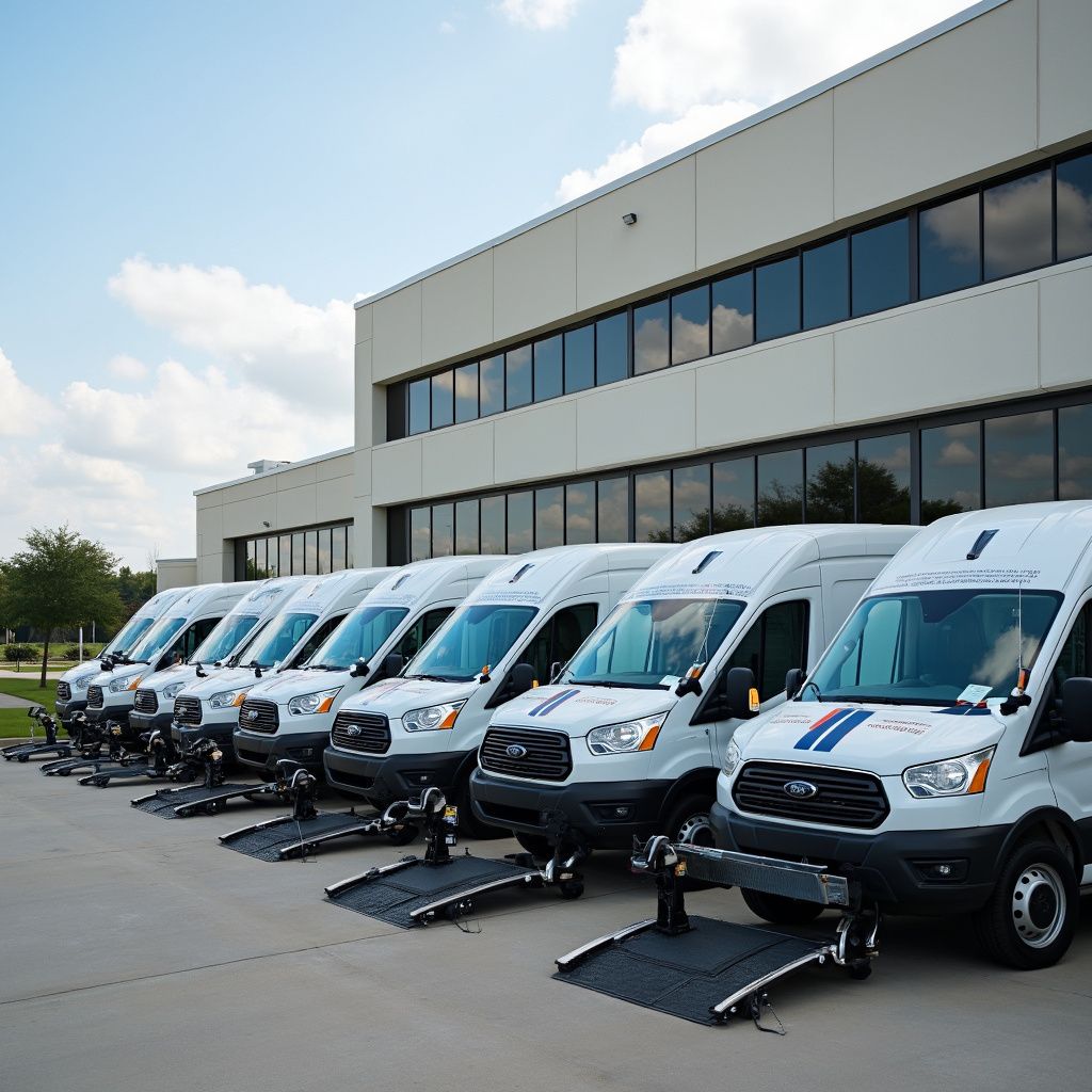 Line of white vans with wheelchair lifts parked in front of a modern building.