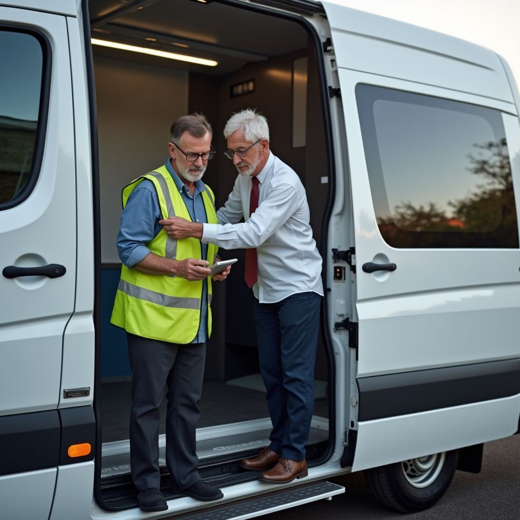 Two men by a van; one in vest examines phone, the other points.